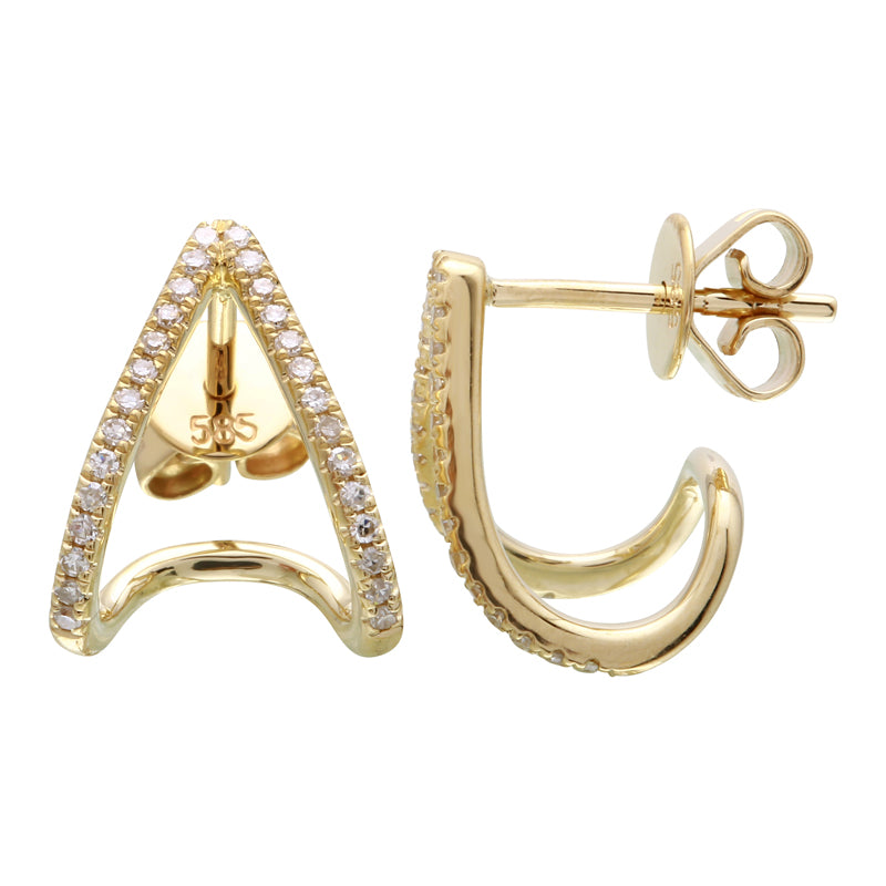 14K Yellow Gold Diamond Pave Two Claws Studs Earrings