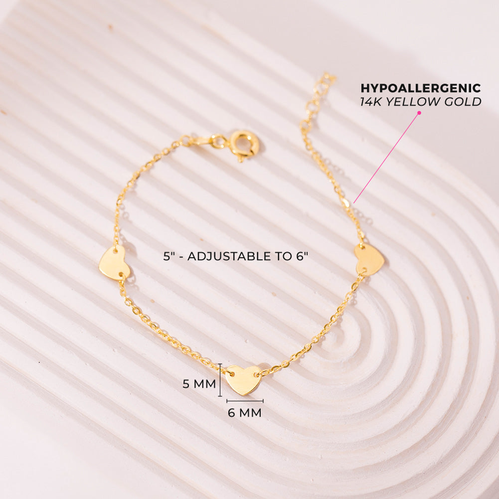14K Gold Multiple Hearts Girls Bracelet