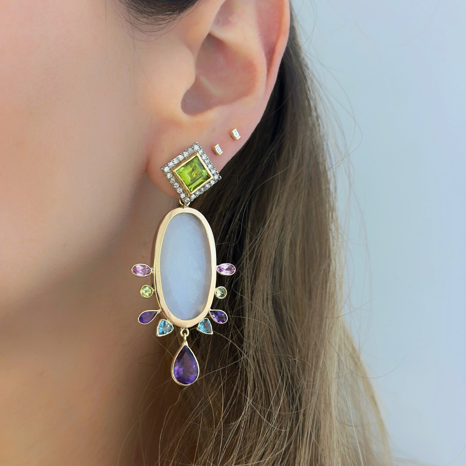 14k Gold Amethyst, Peridot, Pink Topaz and Oval Moonstone Earring Pendants