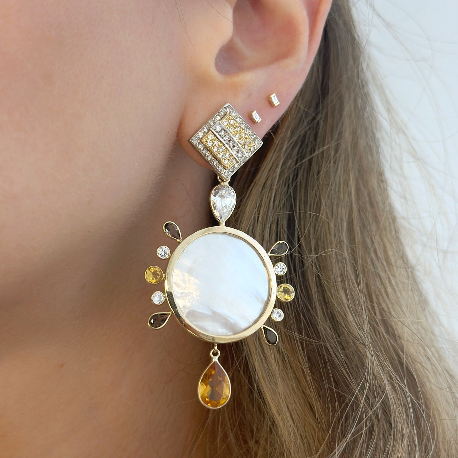 14k Gold Citrine, White Topaz, Smokey Quartz and Mother of Pearl Earring Pendants