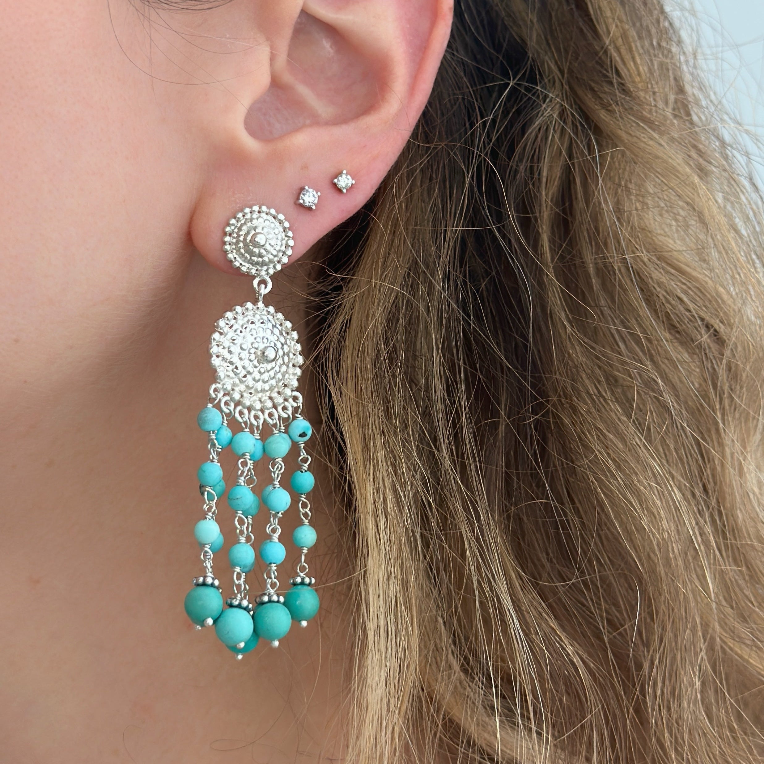 925 Sterling Silver Medallion and Turquoise Braided Beads Cascade Earrings