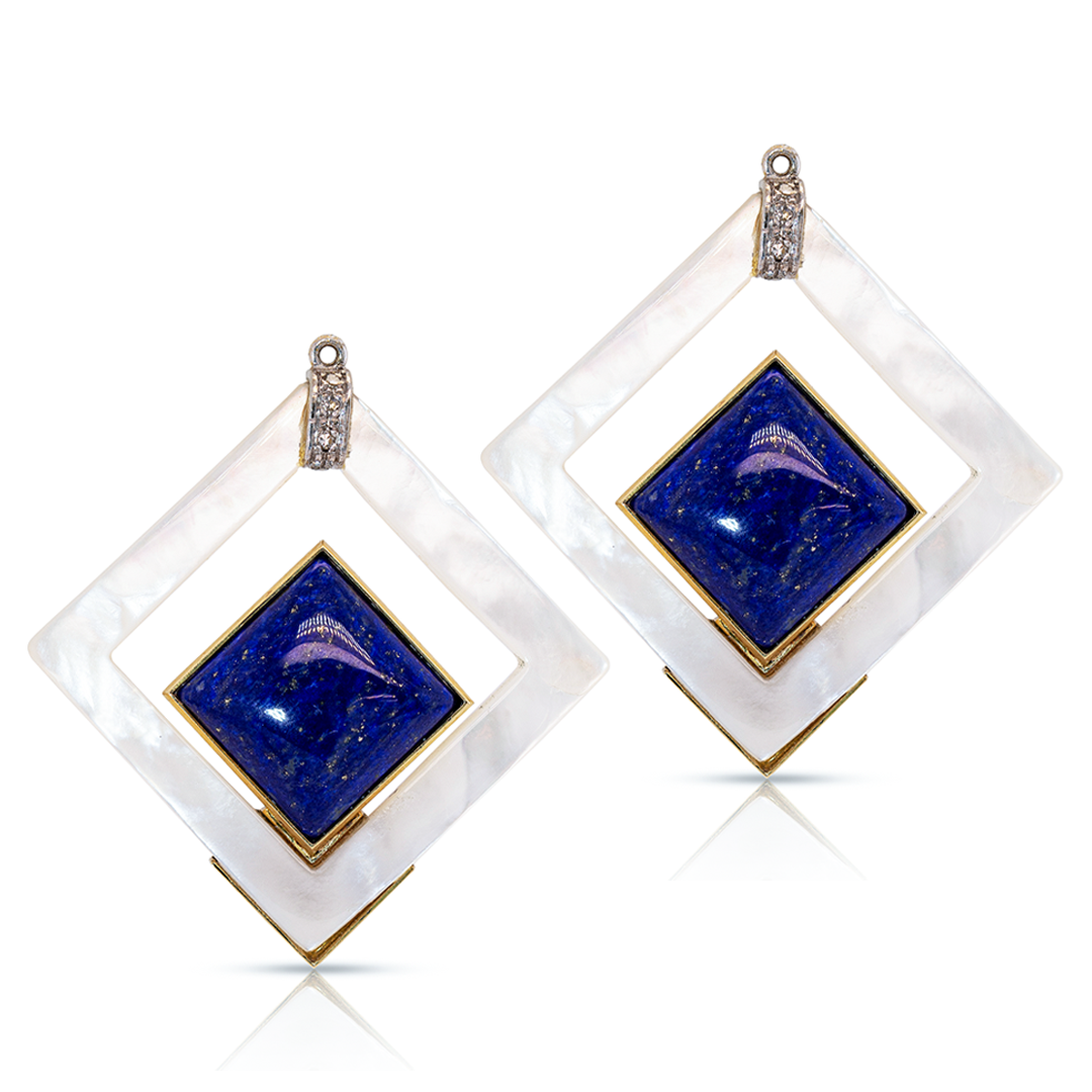 18K Gold Geometric Mother Pearl, Blue Lapis and Diamonds Earring Pendants