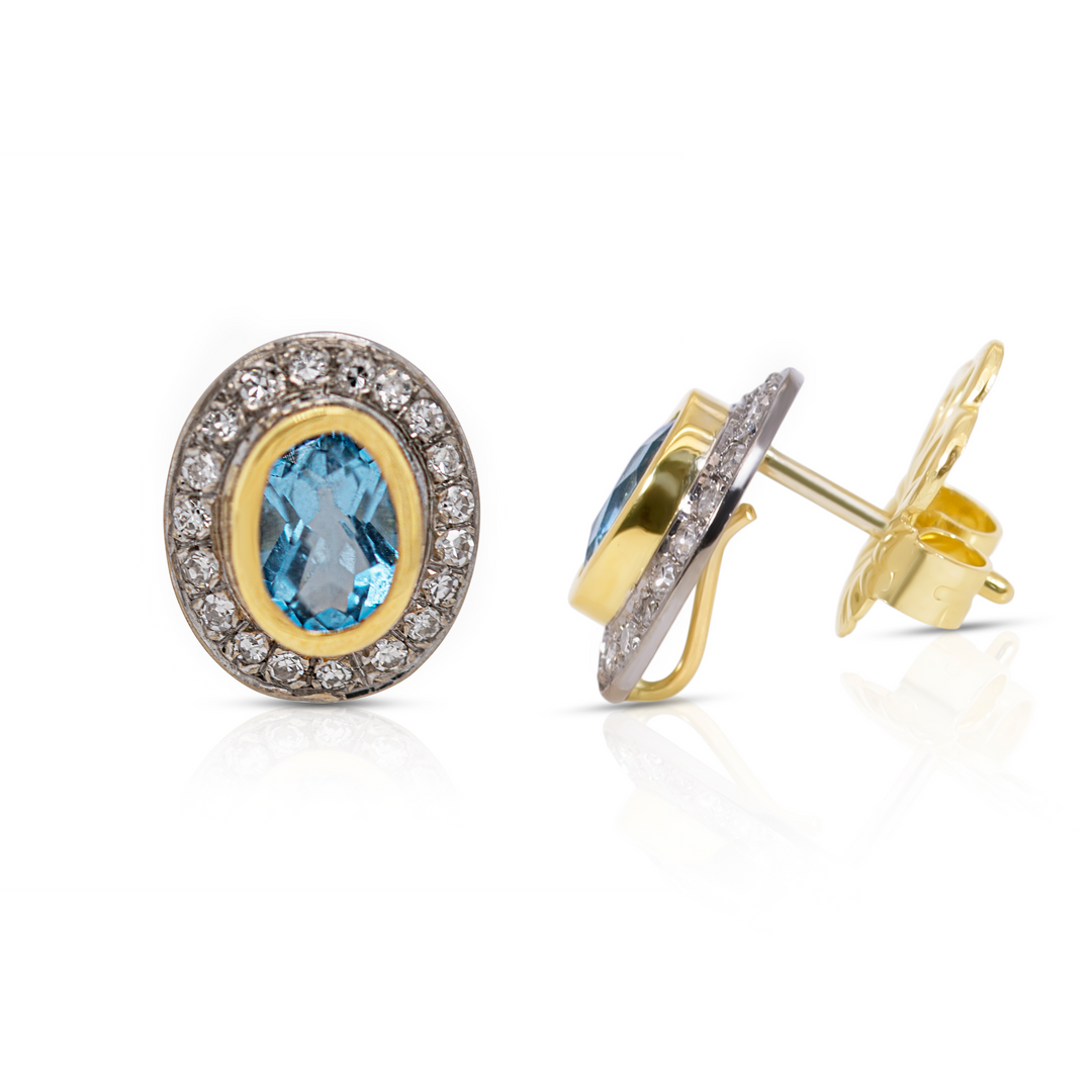 18K Gold, Blue Topaz and Diamond Pave Oval SW Earrings