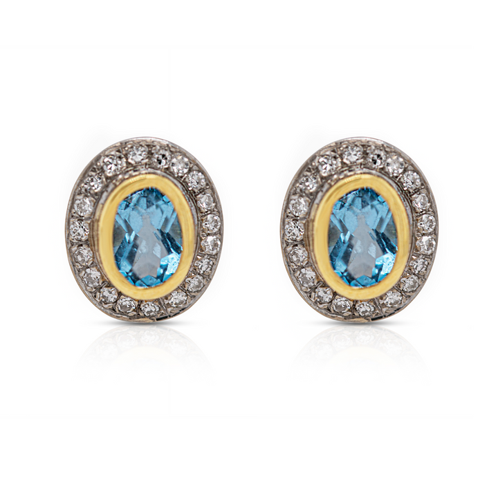 18K Gold, Blue Topaz and Diamond Pave Oval SW Earrings