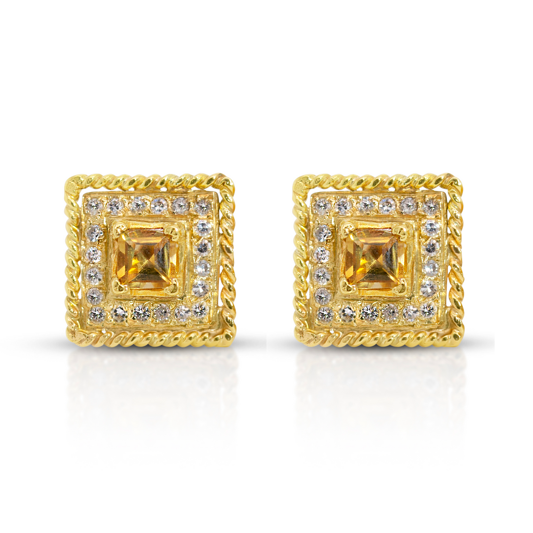 18K Gold, Citrine and Diamond Pave Braided Square SW Earrings