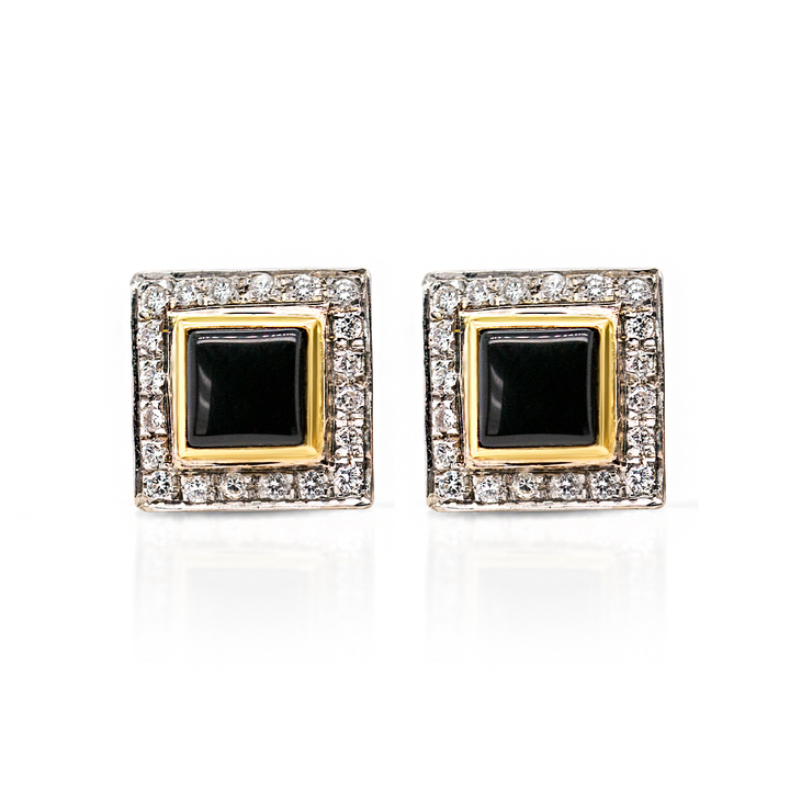 18K Gold, Onyx and Diamond Pave Square SW Earrings