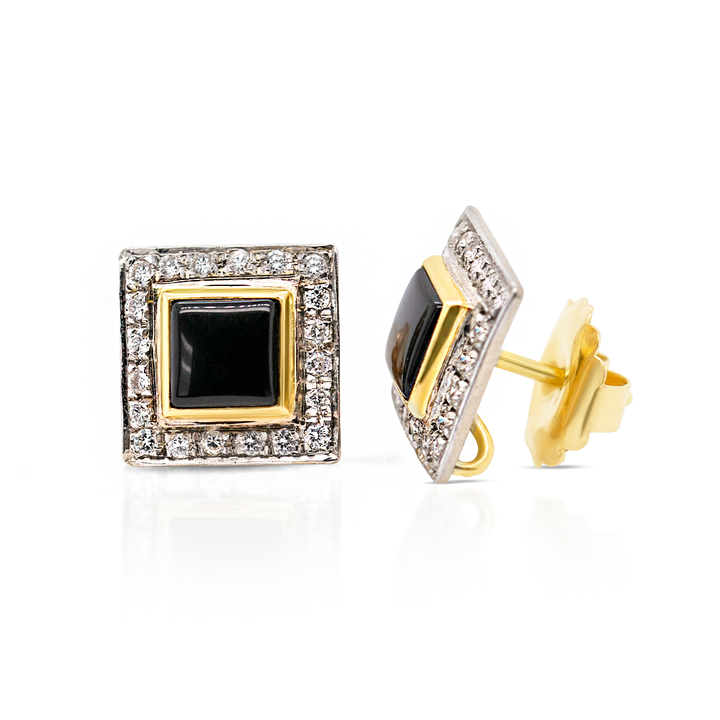 18K Gold, Onyx and Diamond Pave Square SW Earrings