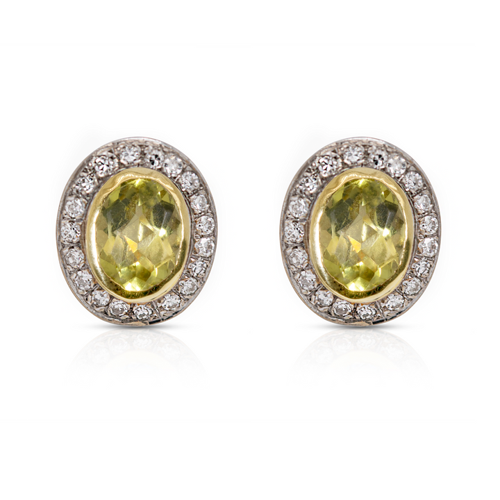 18K Gold, Peridot and Diamond Pave Oval SW Earrings