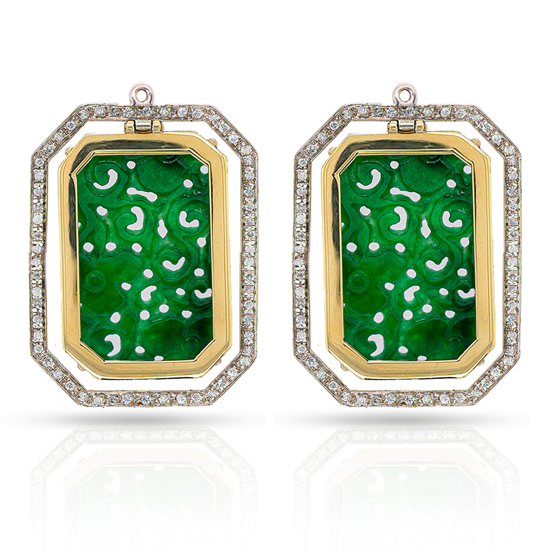 18K Gold Carved Jade and Diamonds Pendulum Earring Pendants