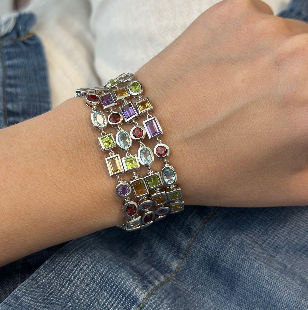 925 Sterling Silver Geometric Multicolor Gemstones Bracelet