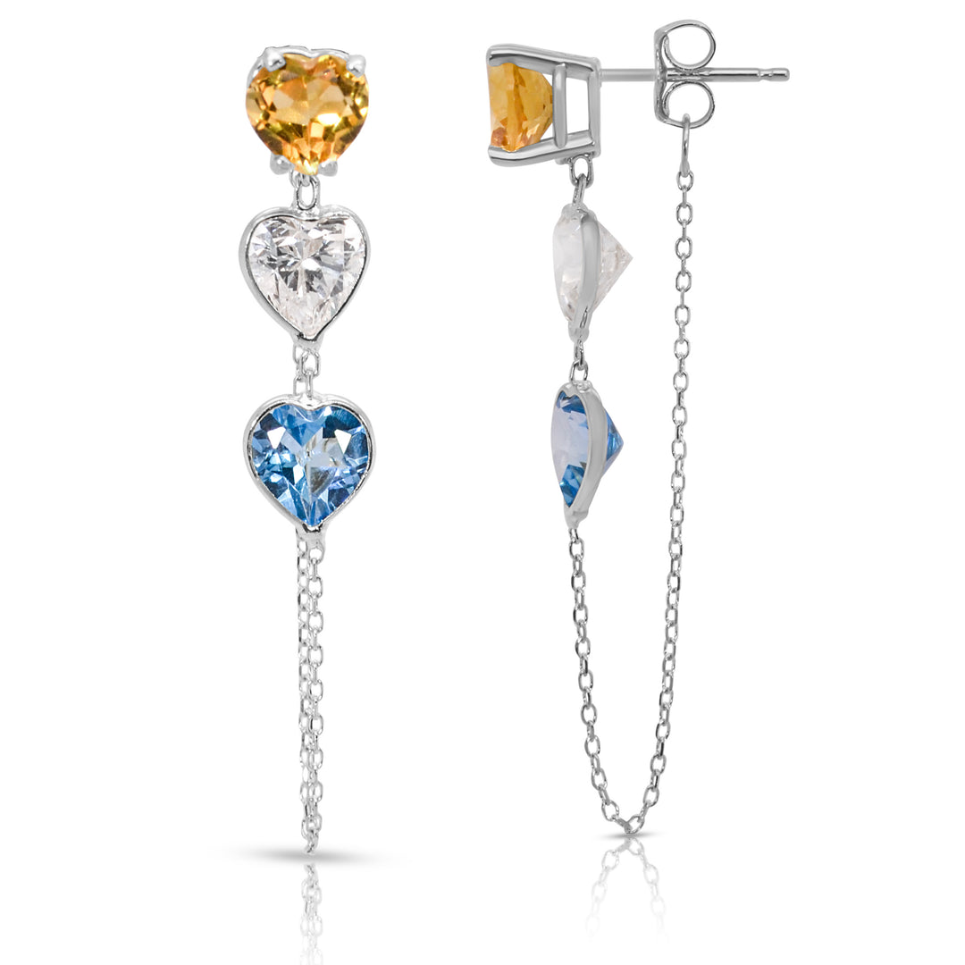 14K White Gold Triple Heart-Shaped Citrine, White And Blue Gemstones Chain Studs