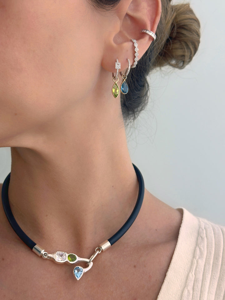 925 Sterling Silver White, Peridot and Blue Topaz Black Chocker