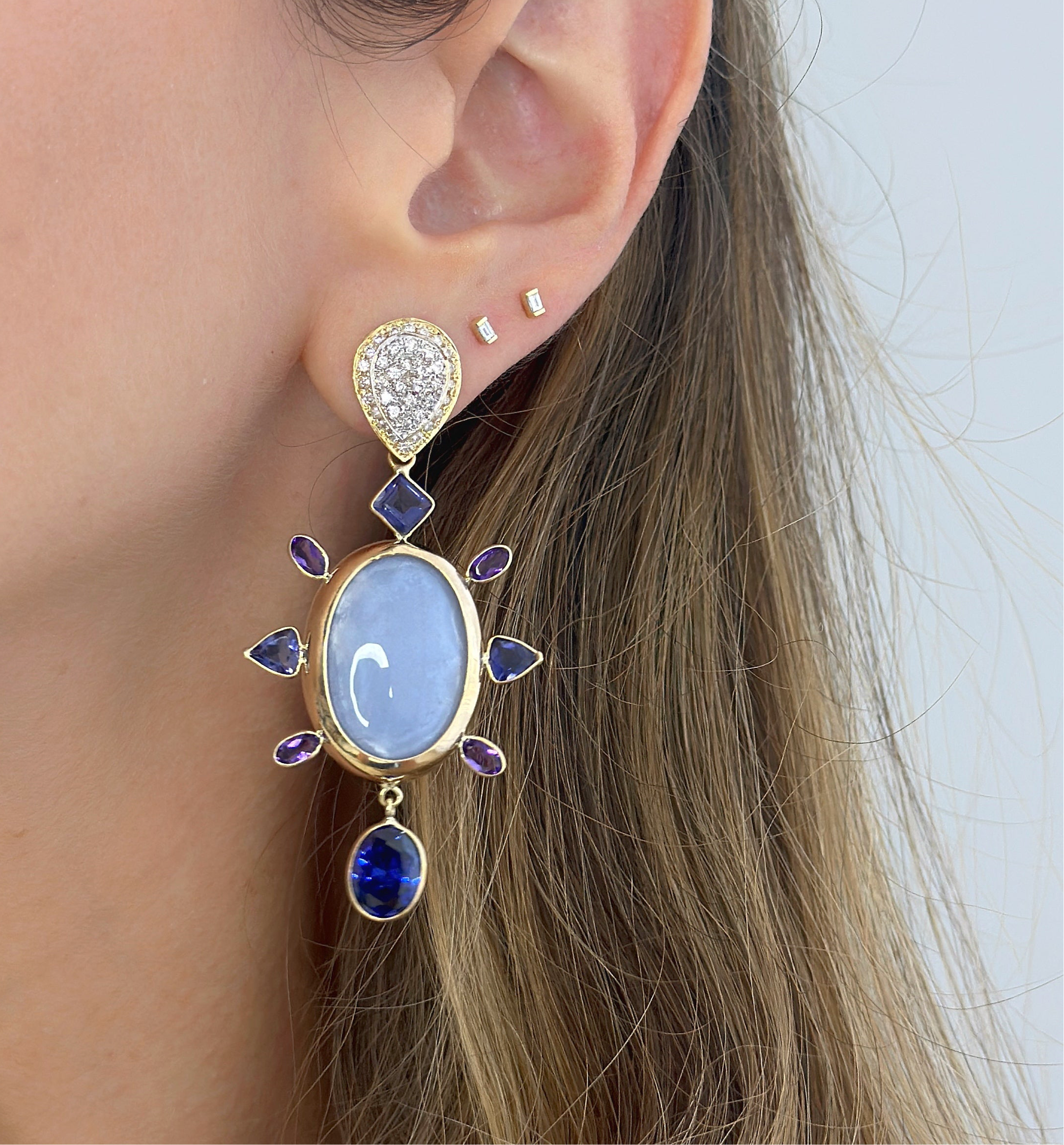 14K Gold Tanzanite, Amethyst and Iolite Earring Pendants