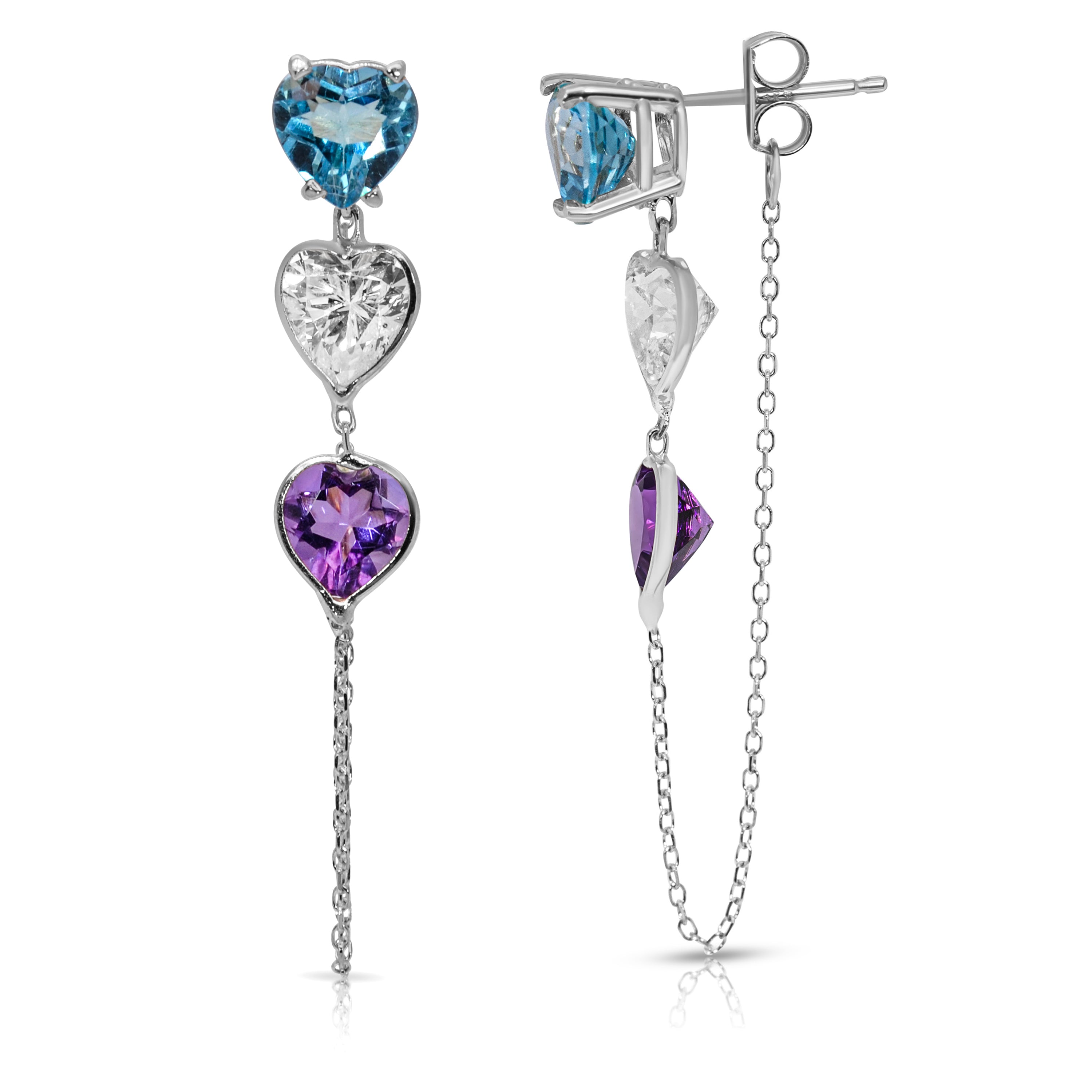 14K White Gold Triple Heart-Shaped Blue Topaz, White And Amethyst Gemstones Chain Studs