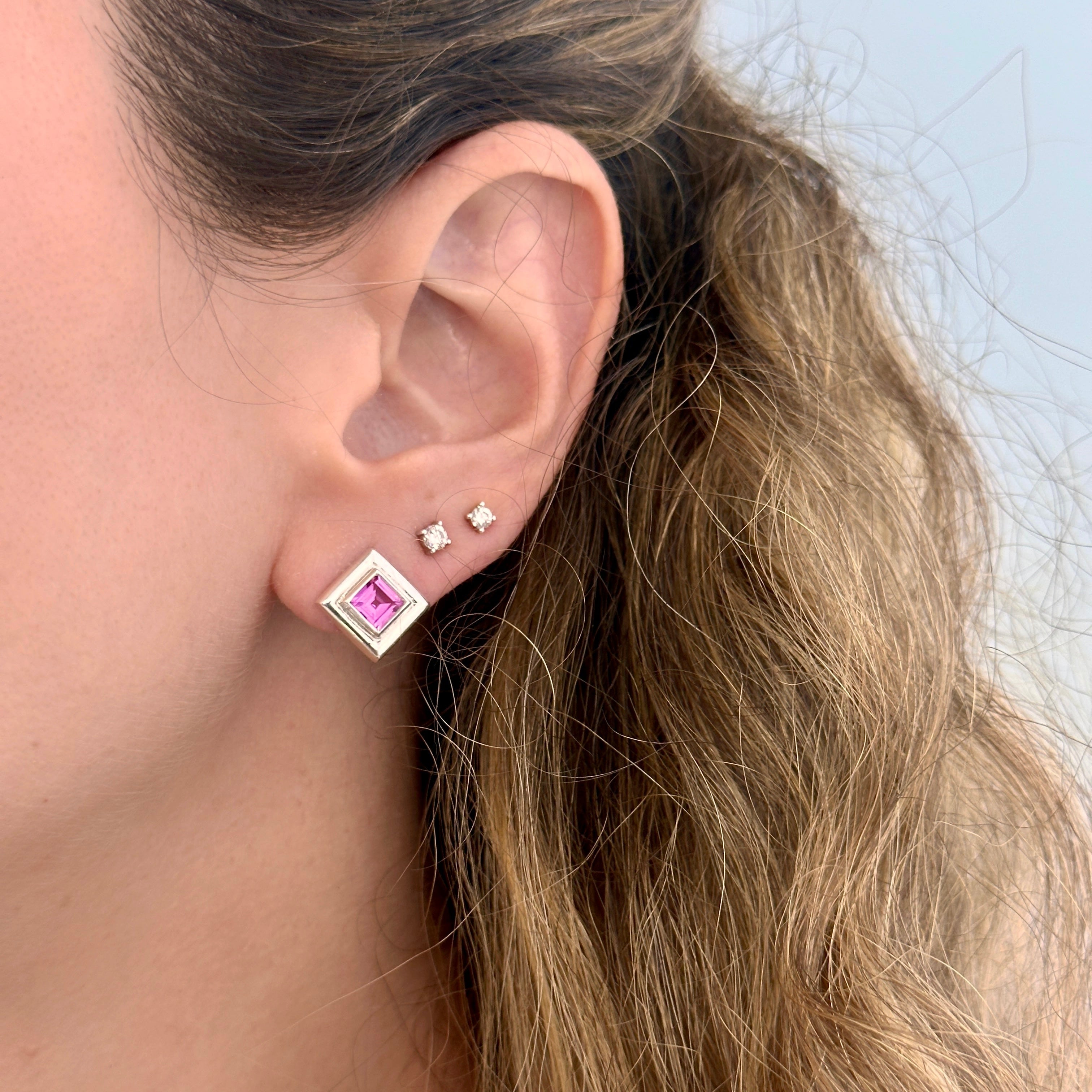 925 Sterling Silver Square Pink Earring Studs