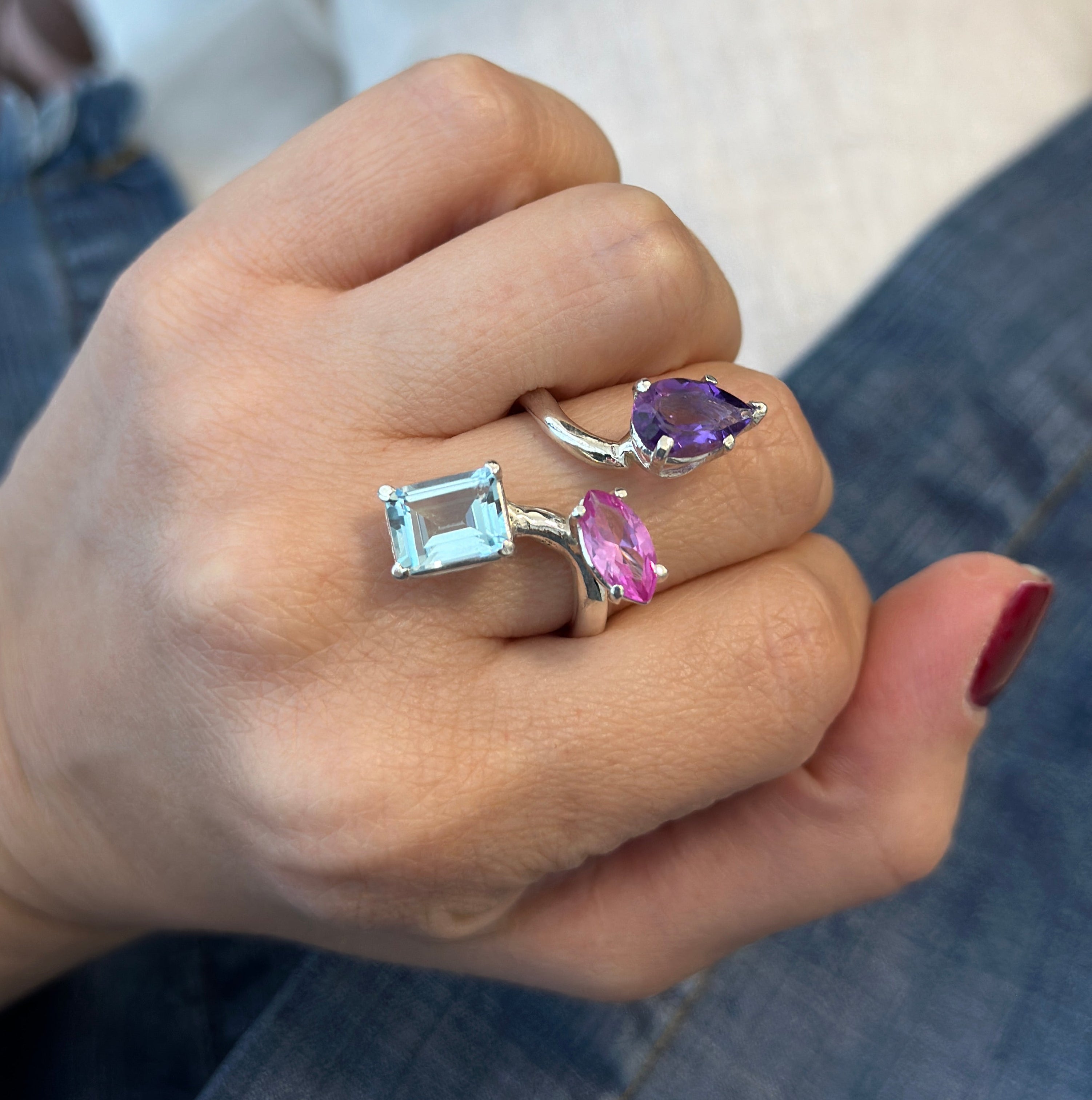 925 Sterling Silver Amethyst, Pink and Blue Topaz, Gemstones Twisted Ring