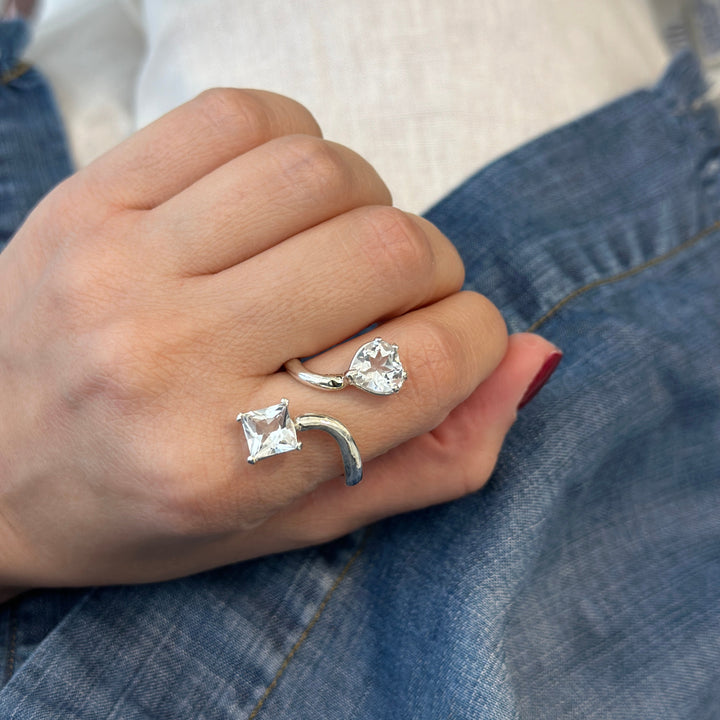 925 Sterling Silver White Heart and Princess Cut Gemstones Adjustable Ring