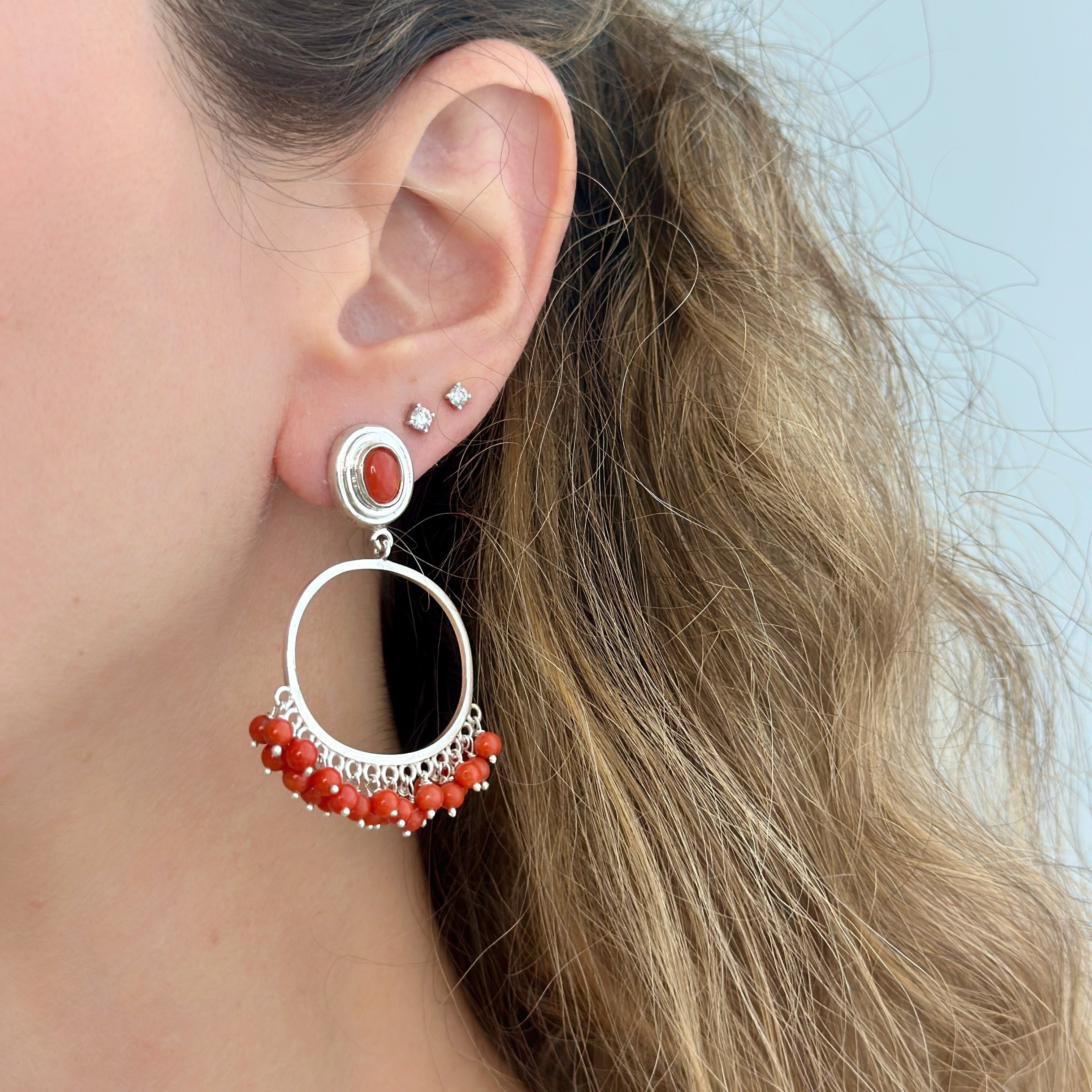 925 Sterling Silver Hoop and Coral Beads Earrings