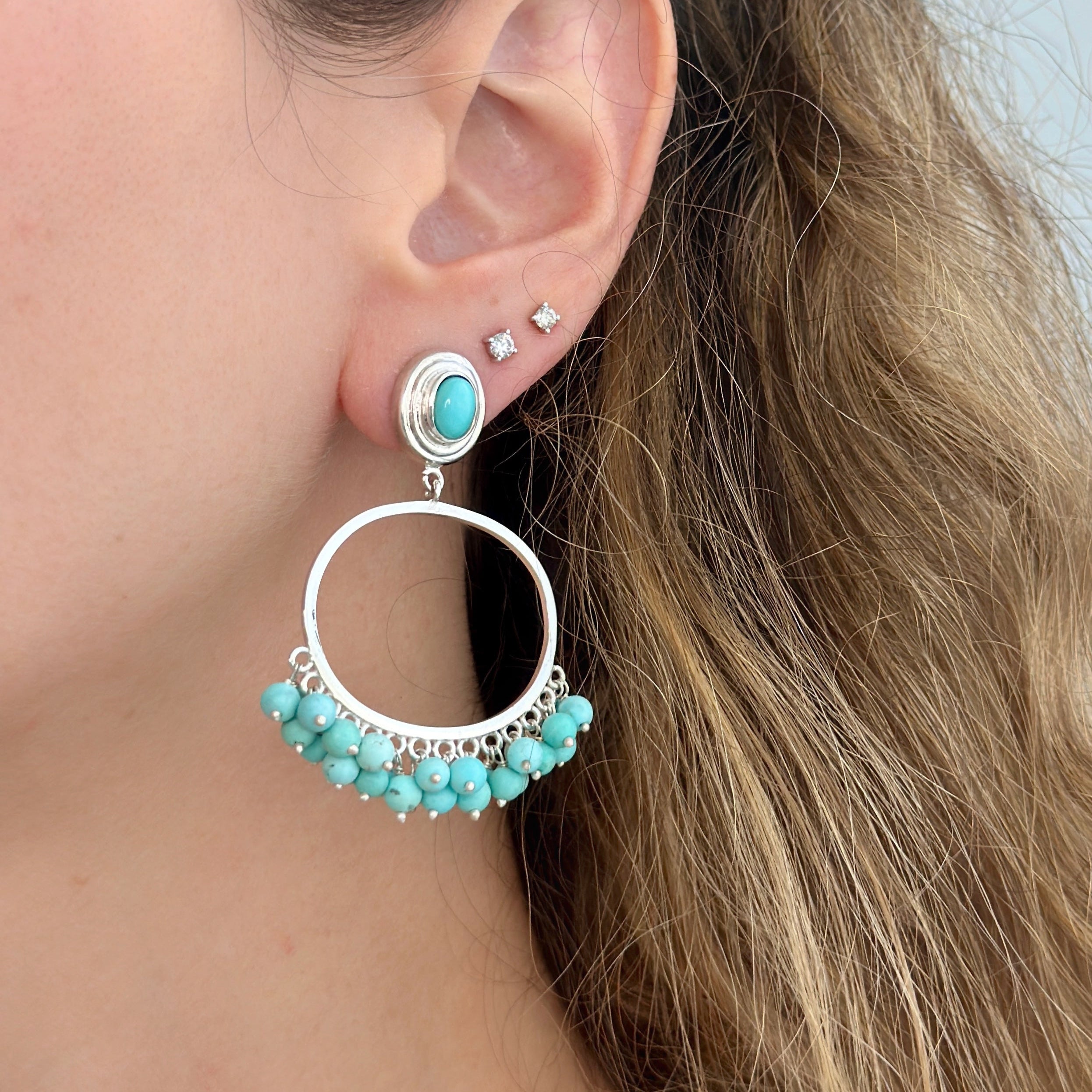 925 Sterling Silver Hoop and Turquoise Beads Earrings