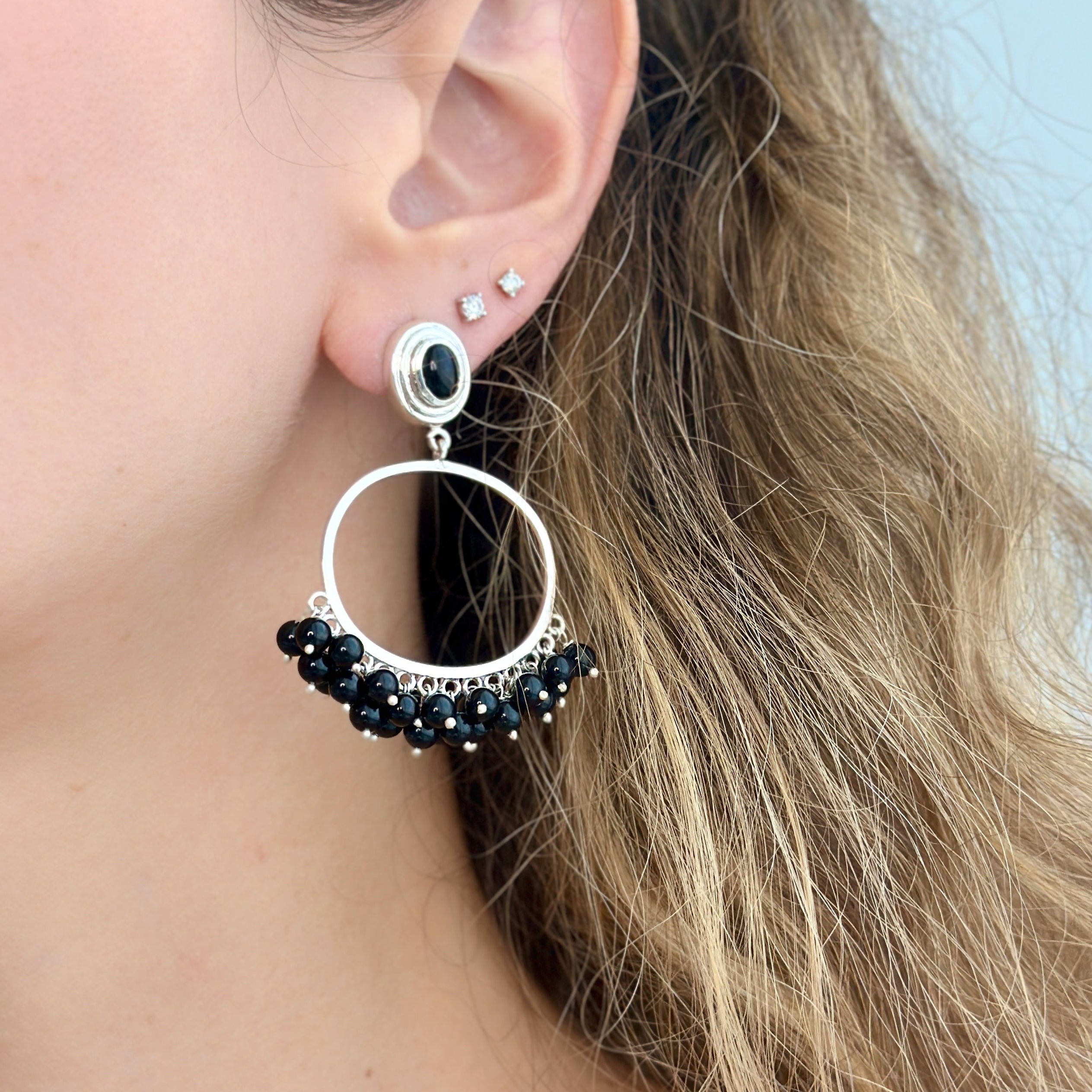 925 Sterling Silver Hoop and Black Onyx Beads Earrings