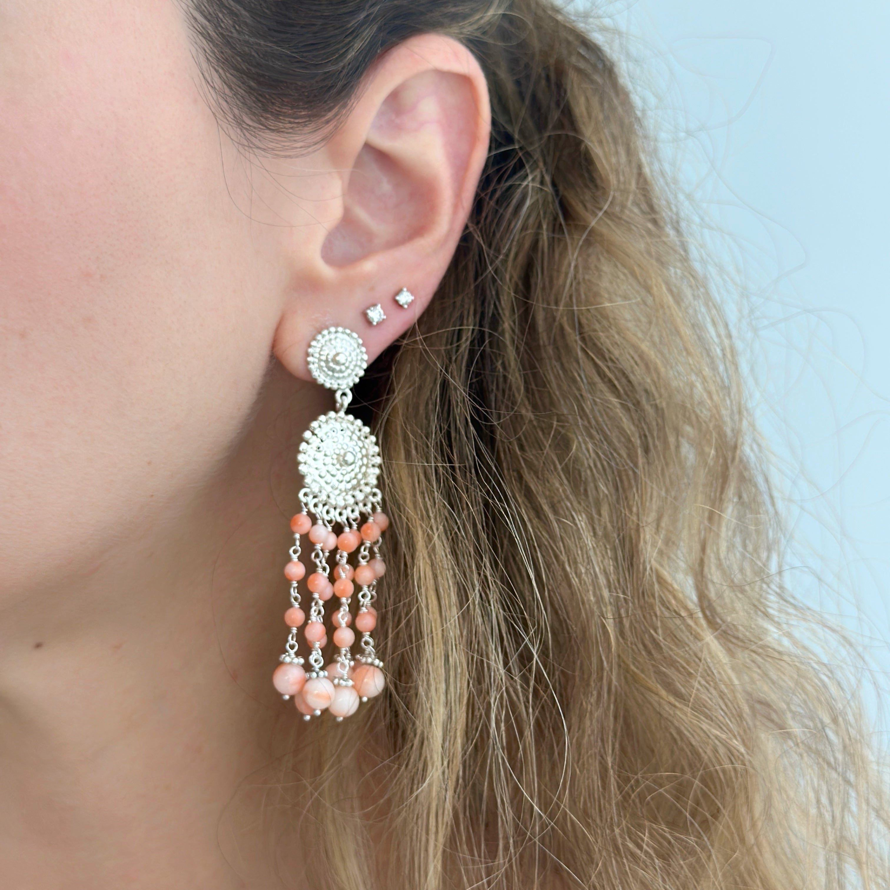 925 Sterling Silver Medallion and Coral Braided Beads Cascade Earrings
