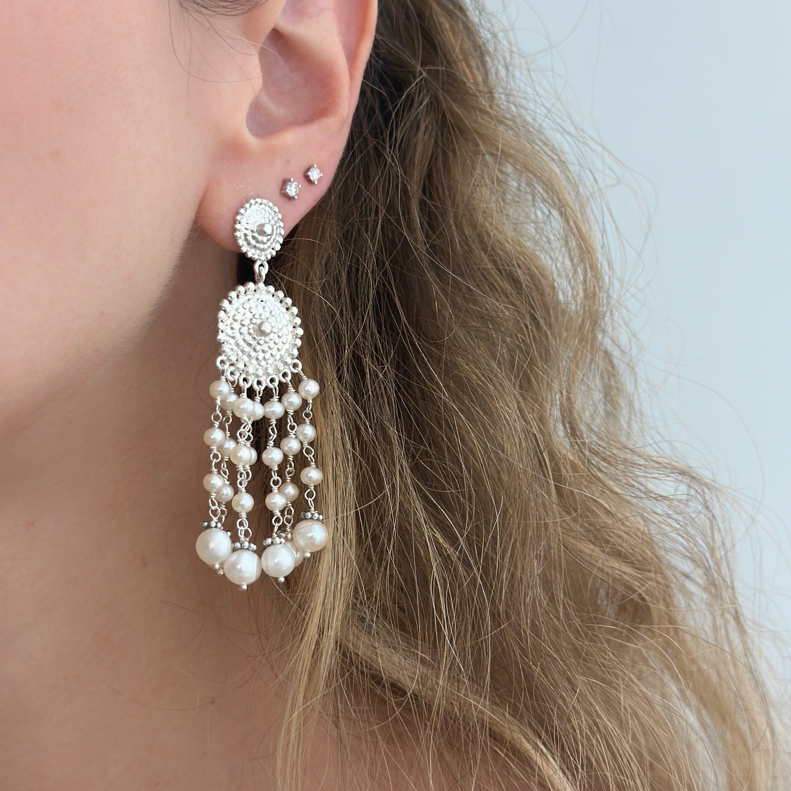 925 Sterling Silver Medallion and Pearl Braided Beads Cascade Earrings