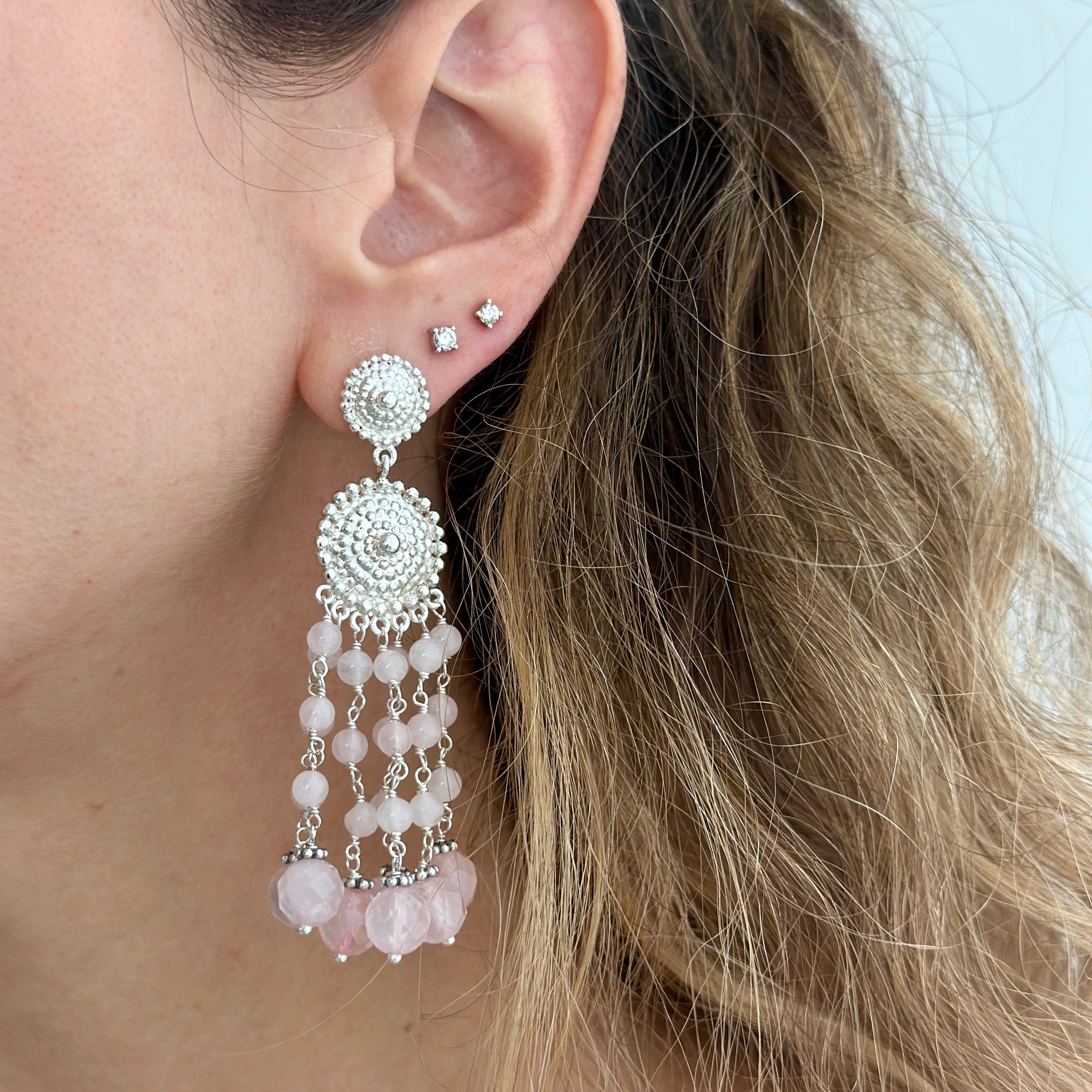 925 Sterling Silver Medallion and Rose Quartz Braided Beads Cascade Earrings