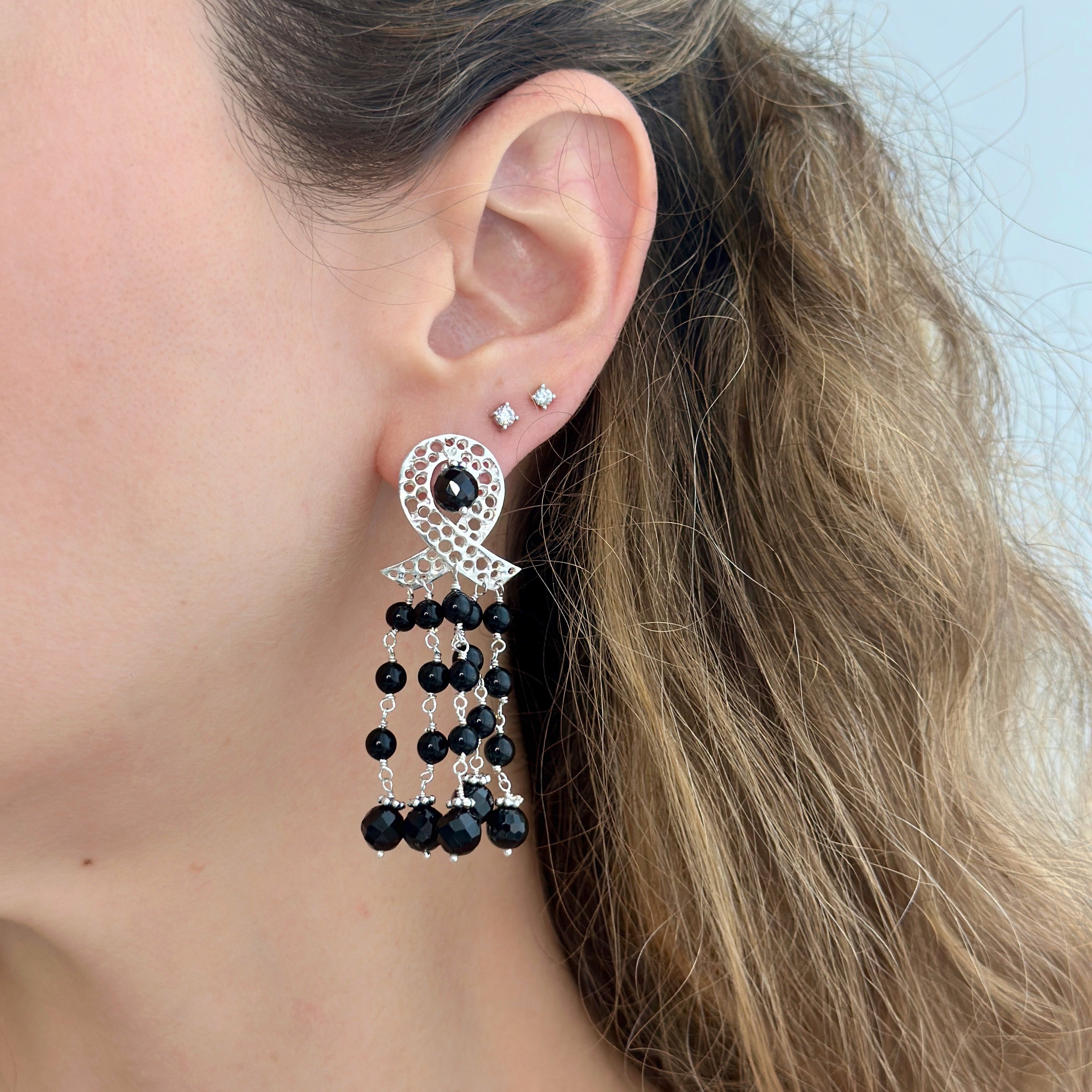 925 Sterling Silver Ribbon and Braided Black Onyx Beads Cascade Earrings