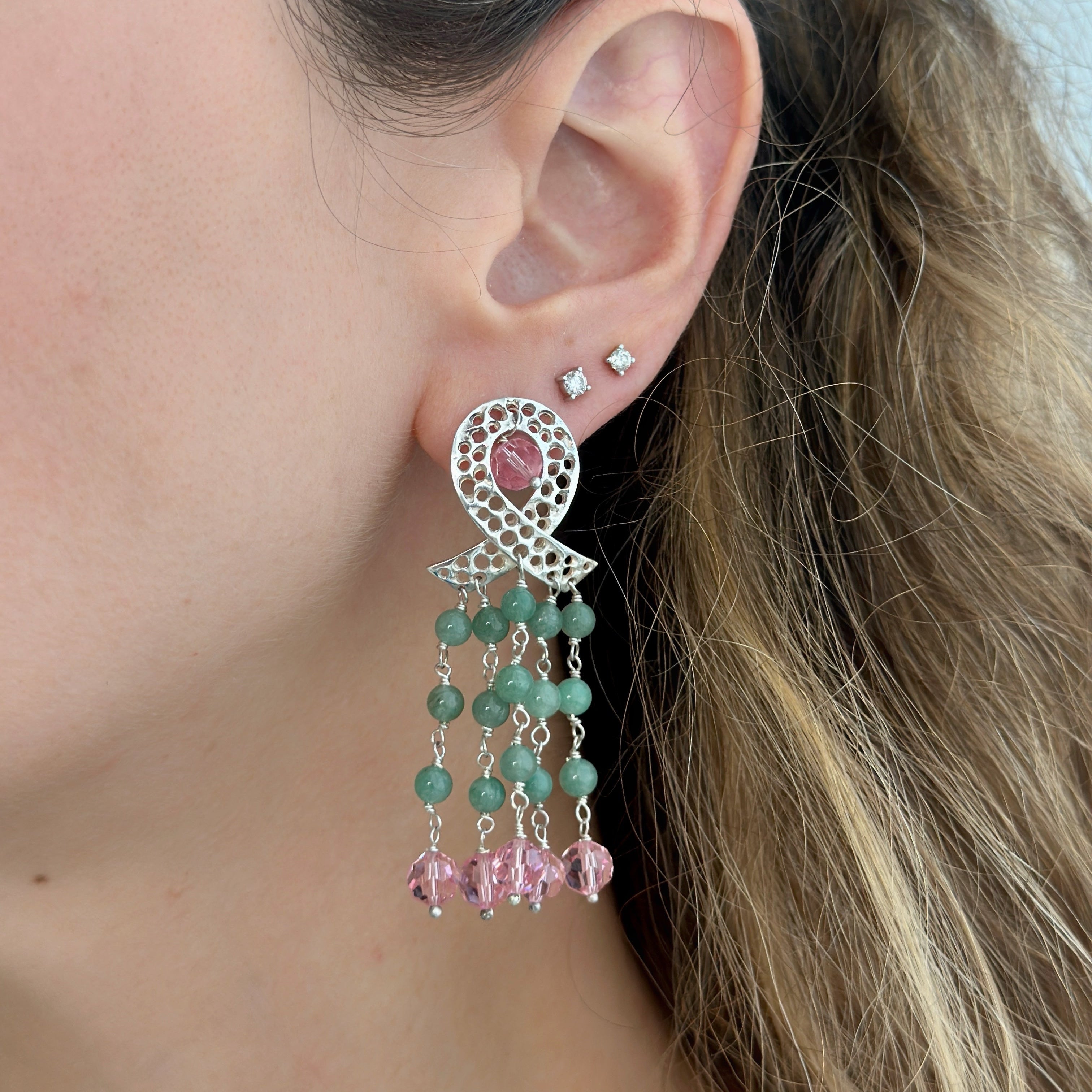 925 Sterling Silver Ribbon and Braided Green Aventurine, Pink Swarovski Cascade Earrings