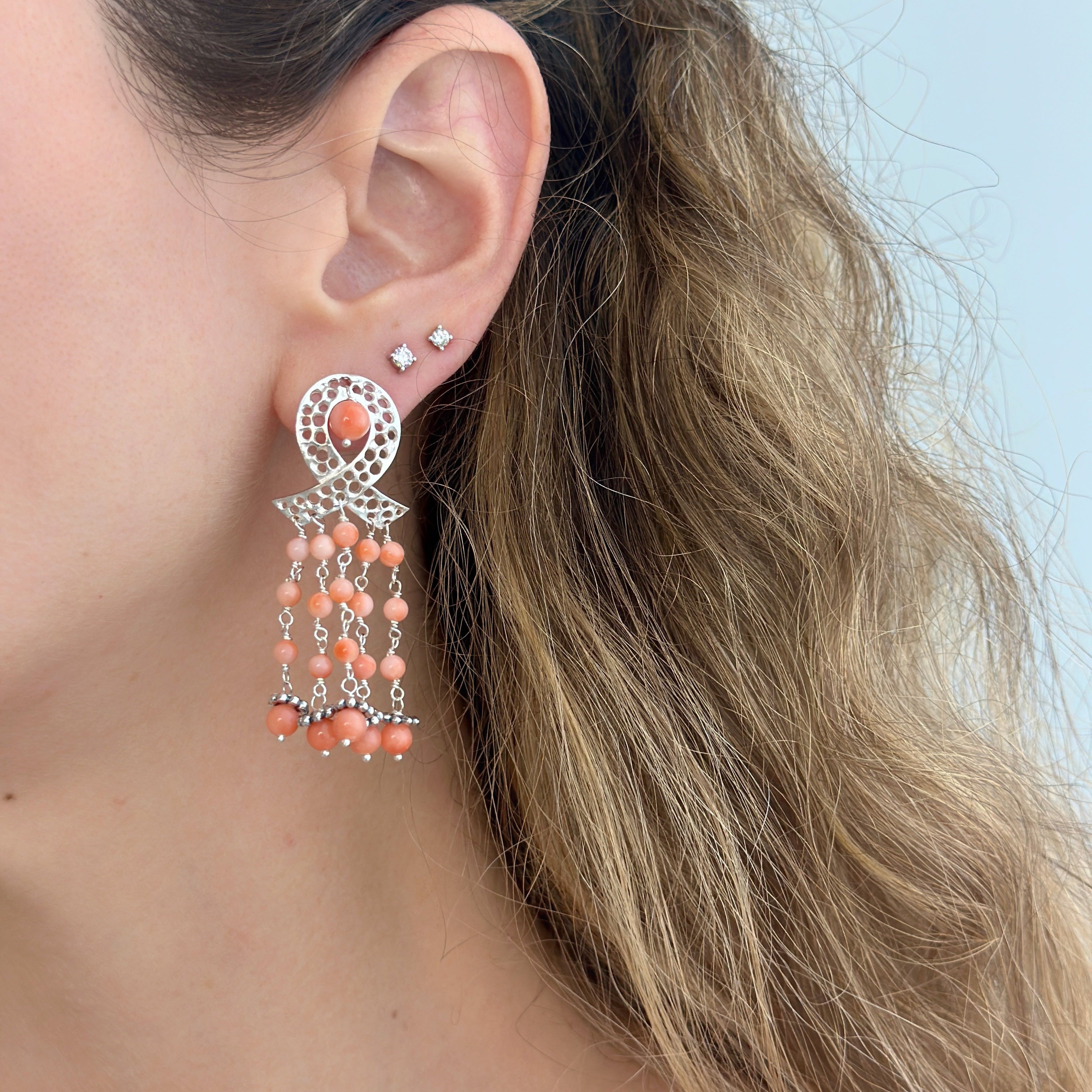 925 Sterling Silver Ribbon and Braided Coral Beads Cascade Earrings