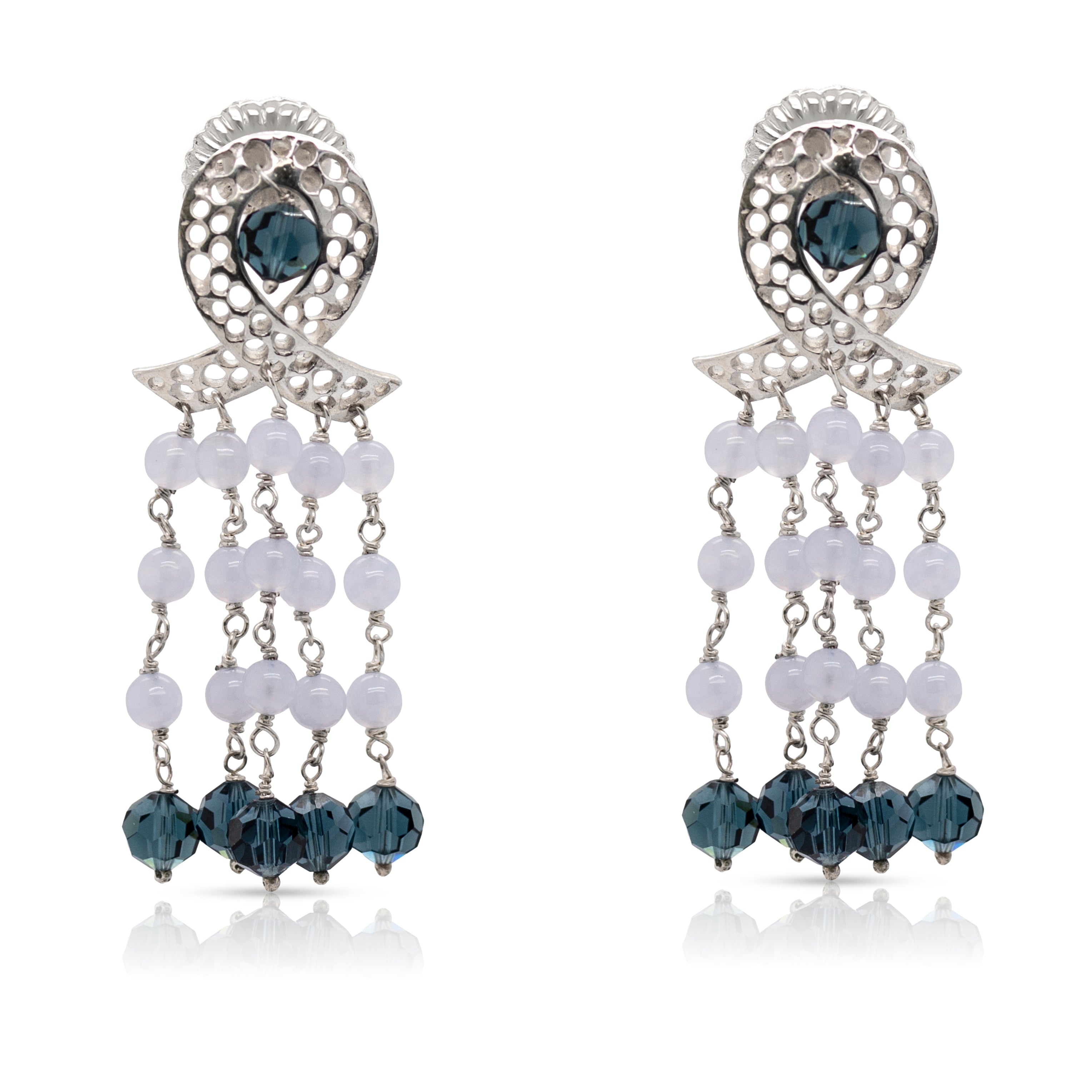925 Sterling Silver Ribbon and Braided Blue Beads Cascade Earrings