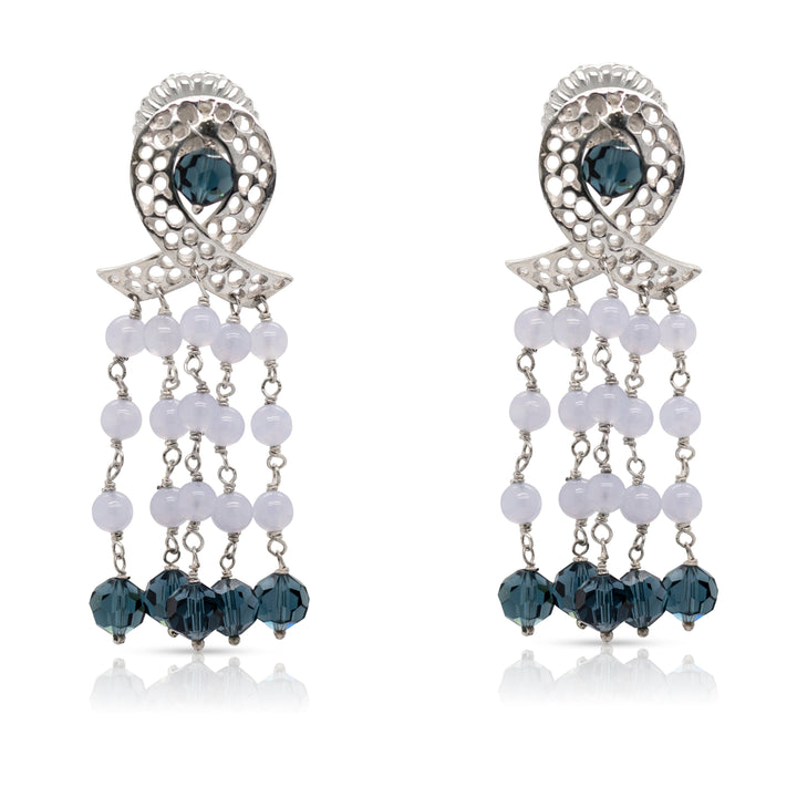 925 Sterling Silver Ribbon and Braided Blue Beads Cascade Earrings