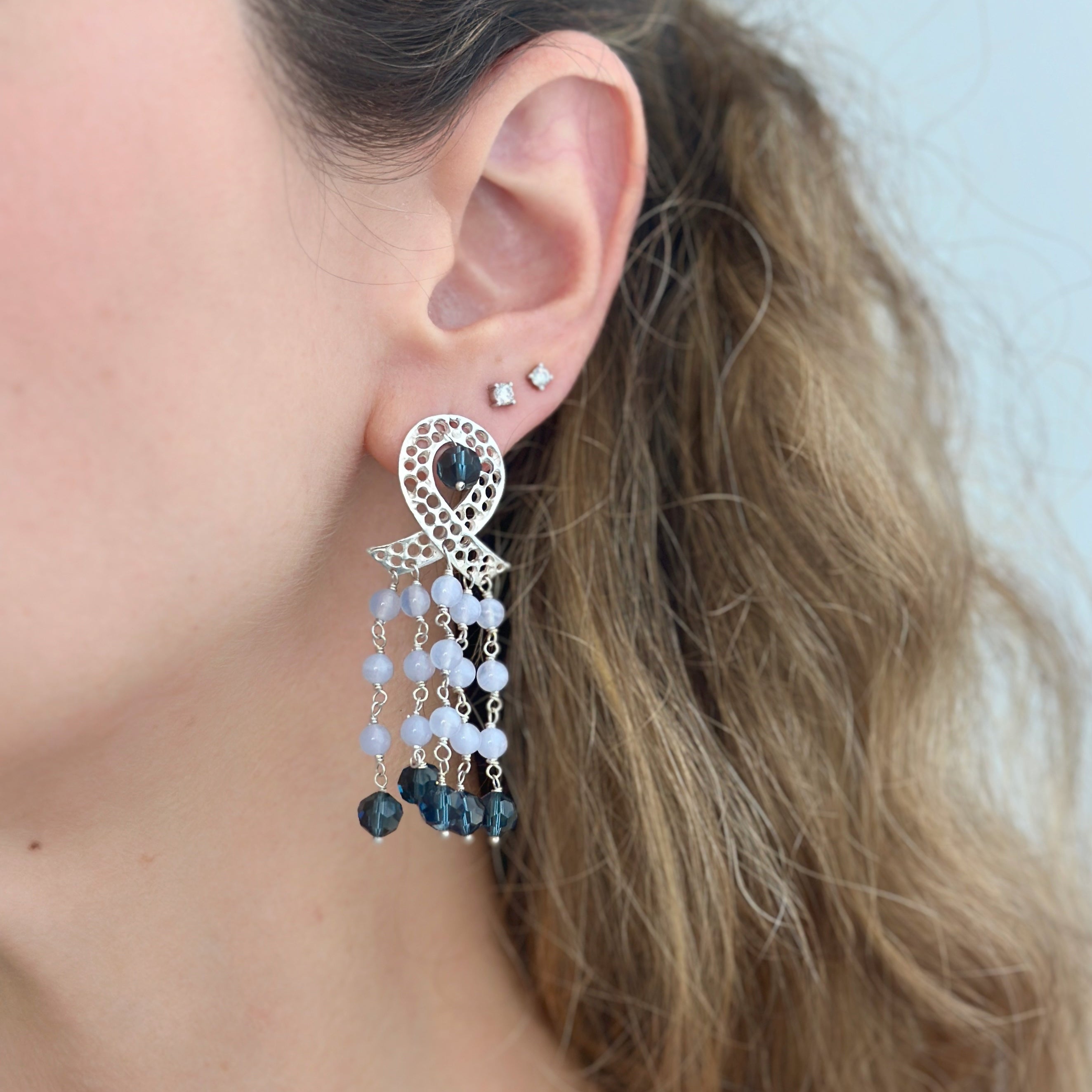 925 Sterling Silver Ribbon and Braided Blue Beads Cascade Earrings