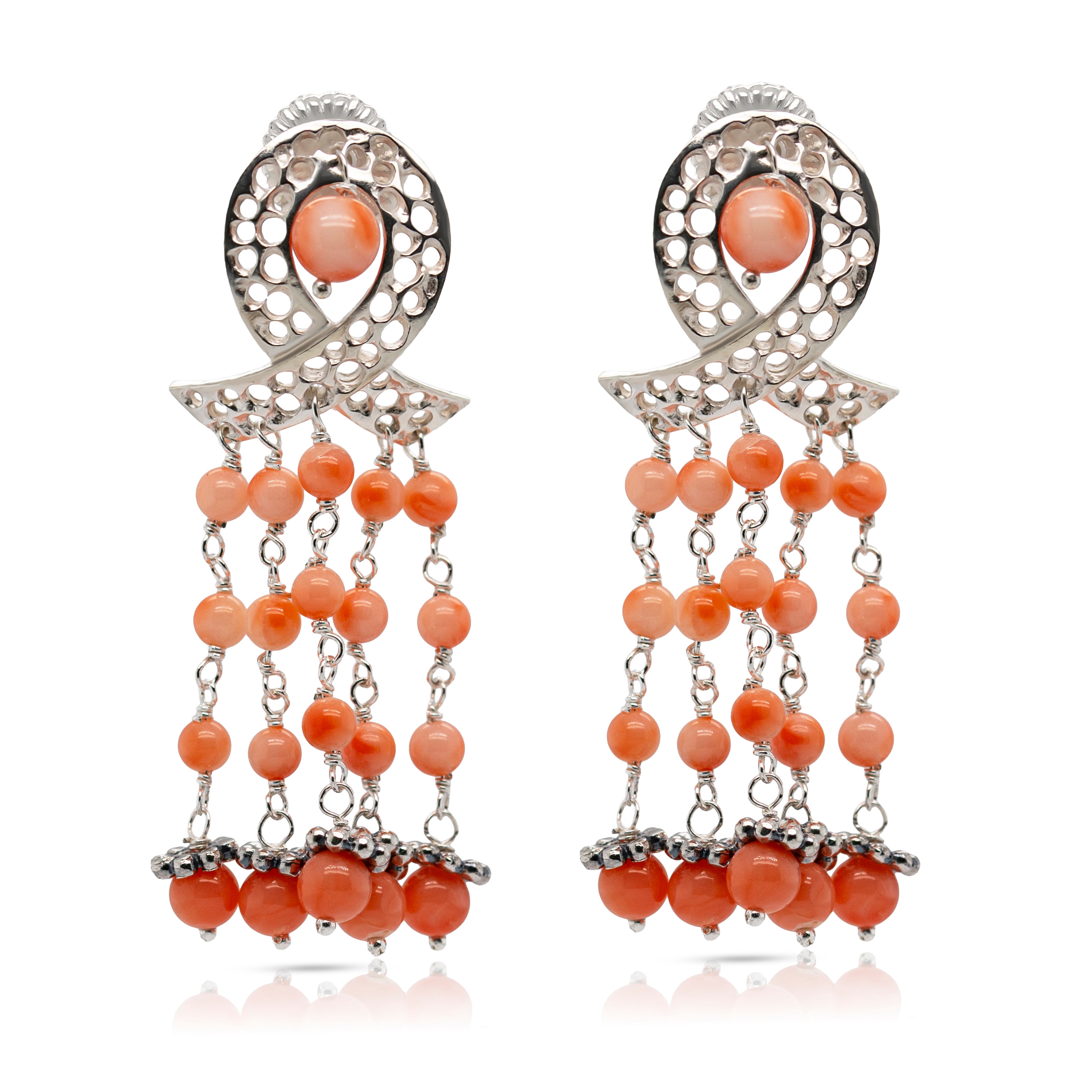 925 Sterling Silver Ribbon and Braided Coral Beads Cascade Earrings