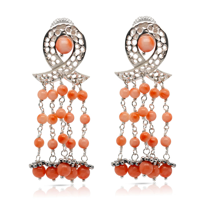 925 Sterling Silver Ribbon and Braided Coral Beads Cascade Earrings