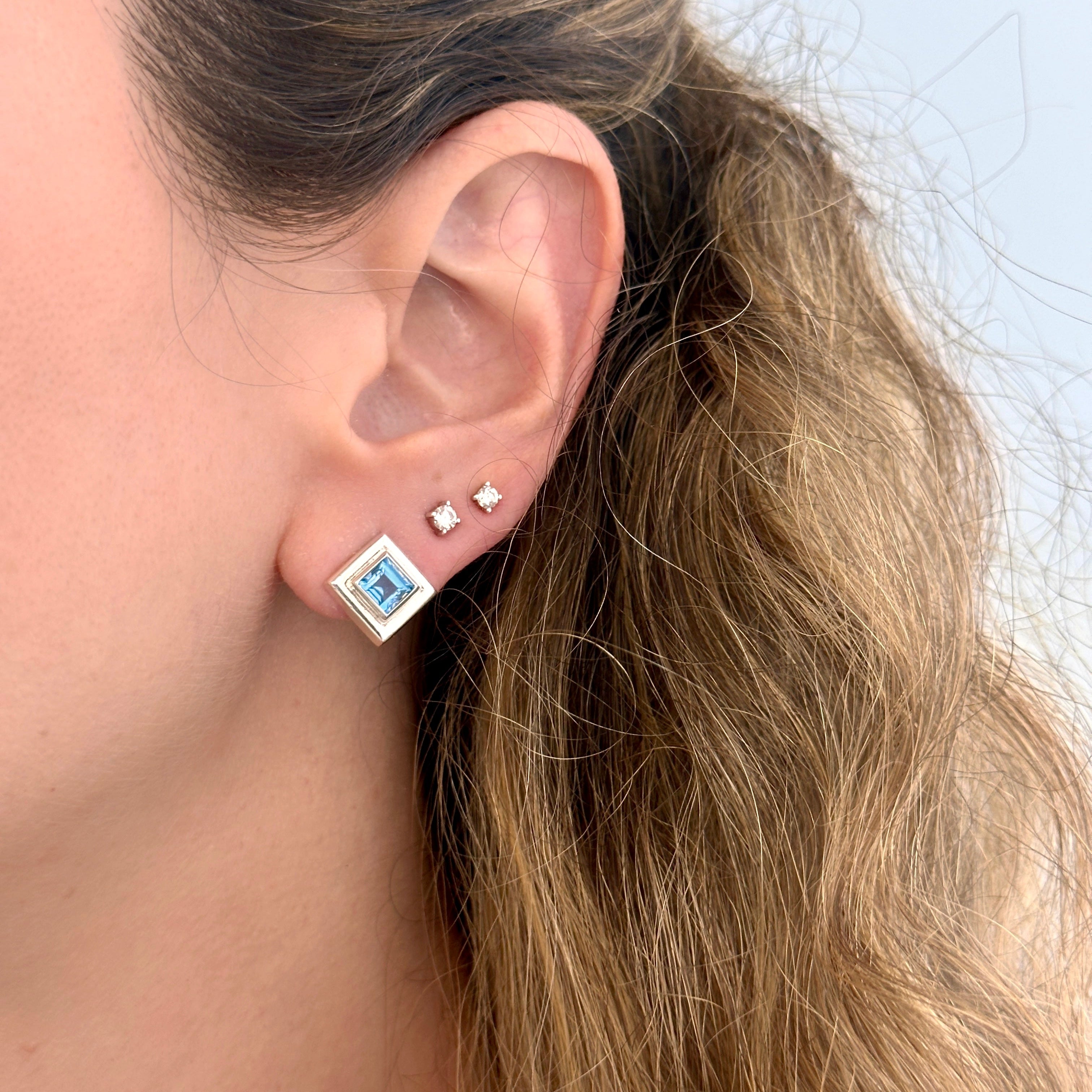 925 Sterling Silver Square Blue Topaz Earring Studs