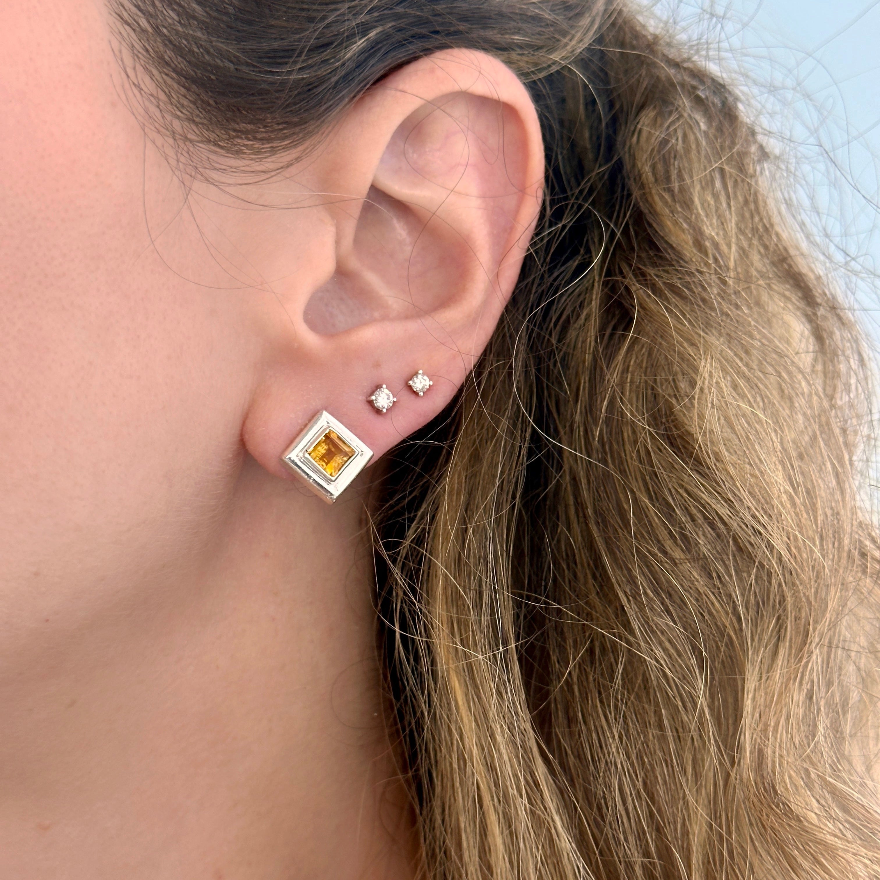 925 Sterling Silver Square Citrine Earring Studs