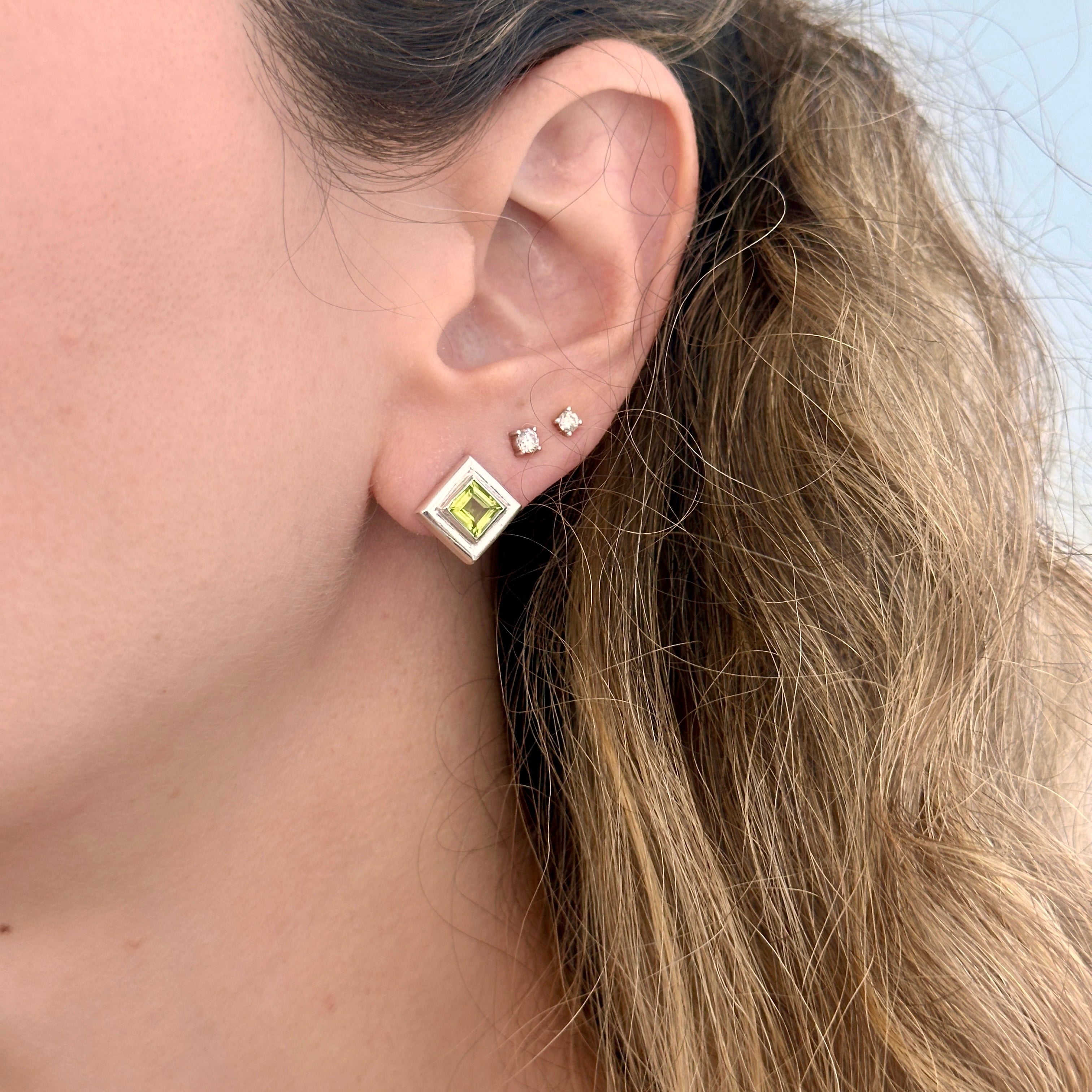 925 Sterling Silver Square Peridot Earring Studs