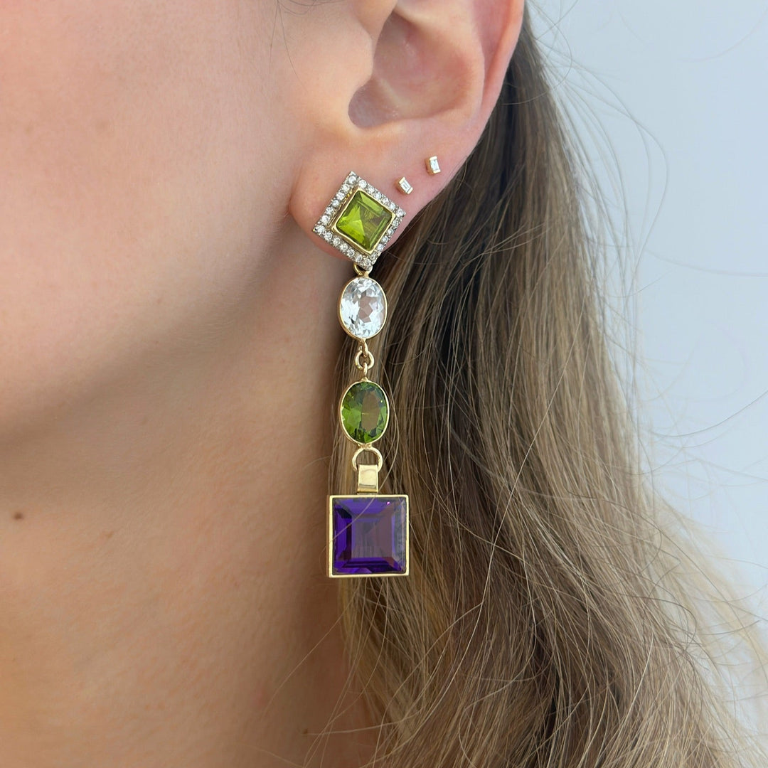 18K Gold, Peridot and Diamond Pave Square SW Earrings
