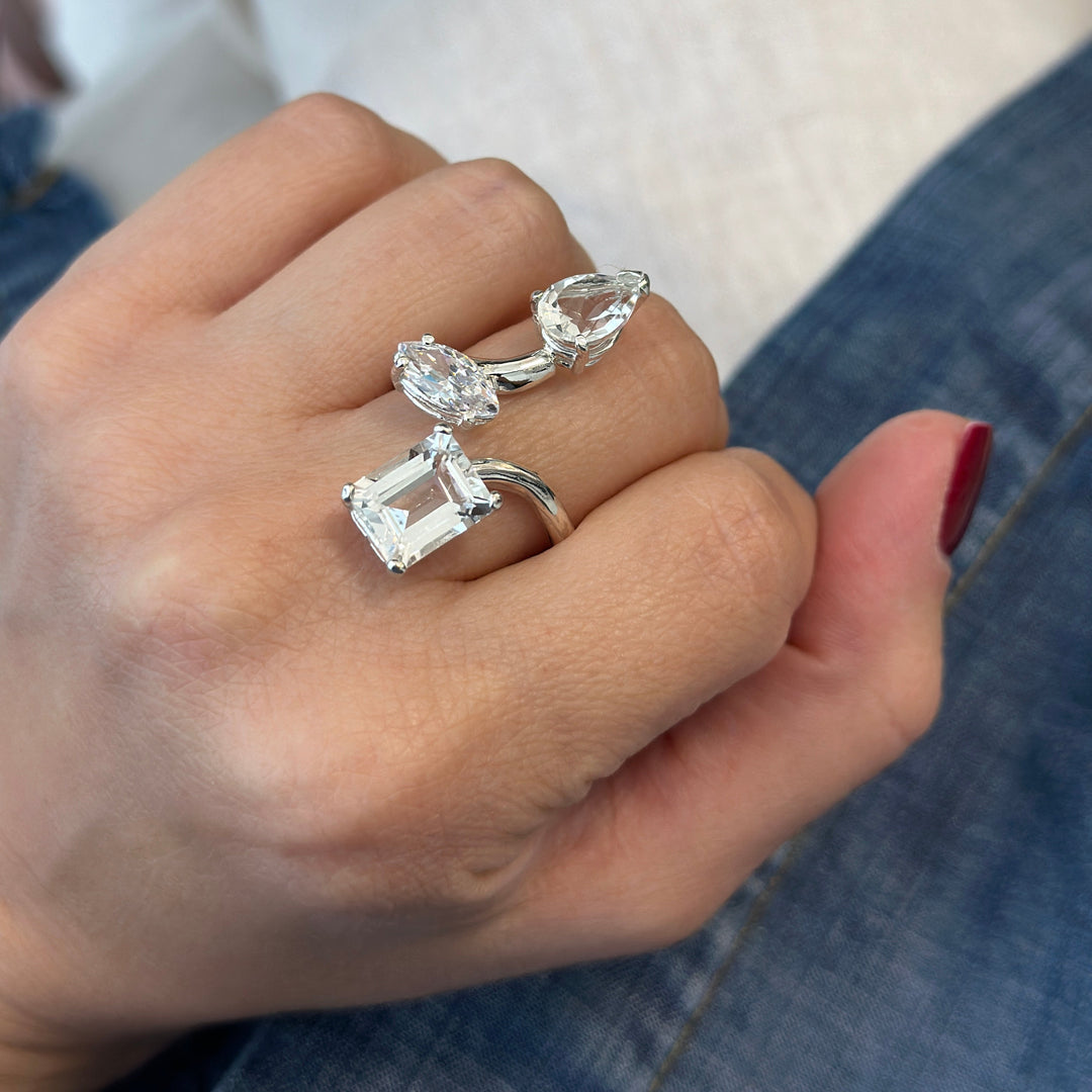 925 Sterling Silver White Topaz Triple Gemstones Twisted Ring