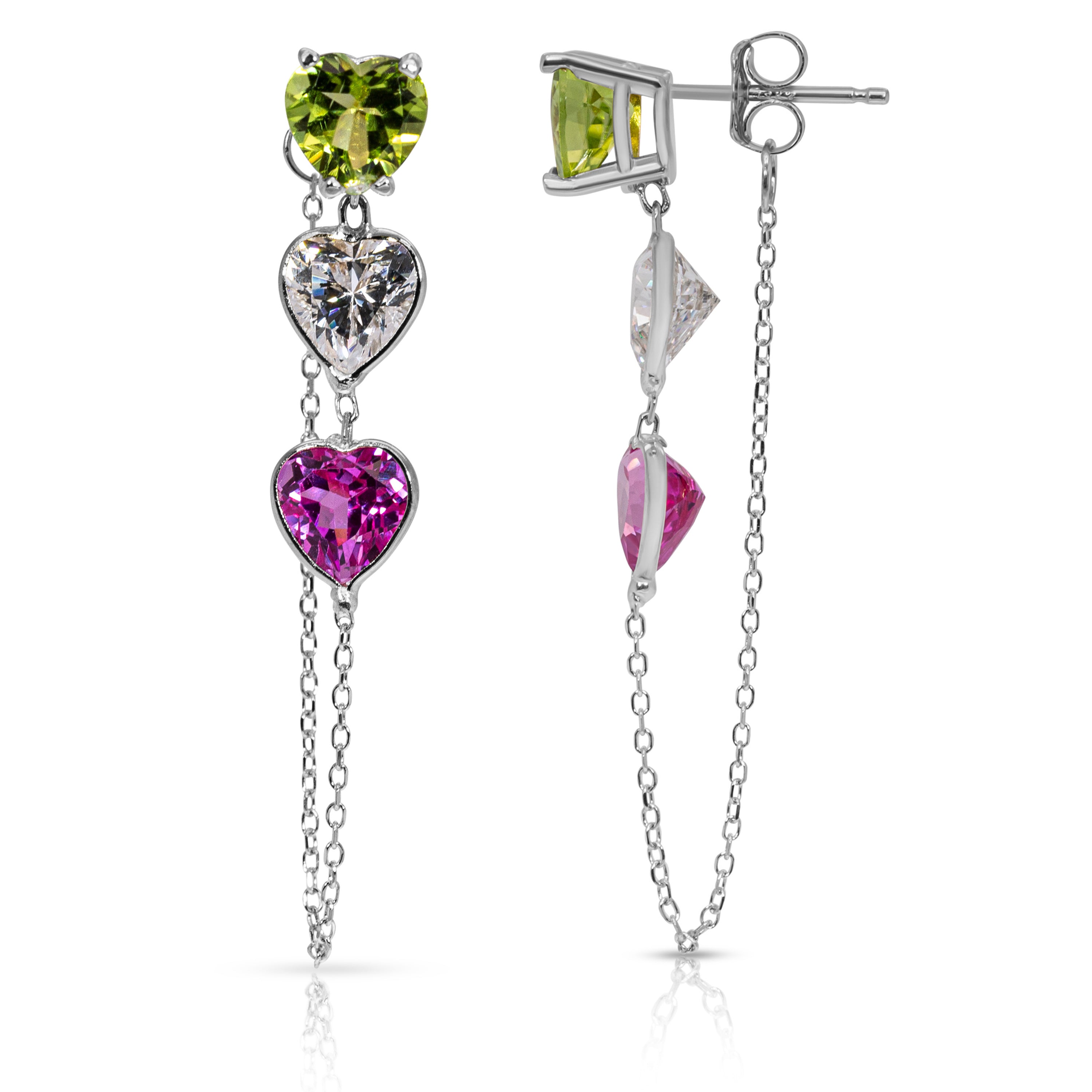 14K White Gold Triple Heart-Shaped Peridot, White And Pink Gemstones Chain Studs Earrings
