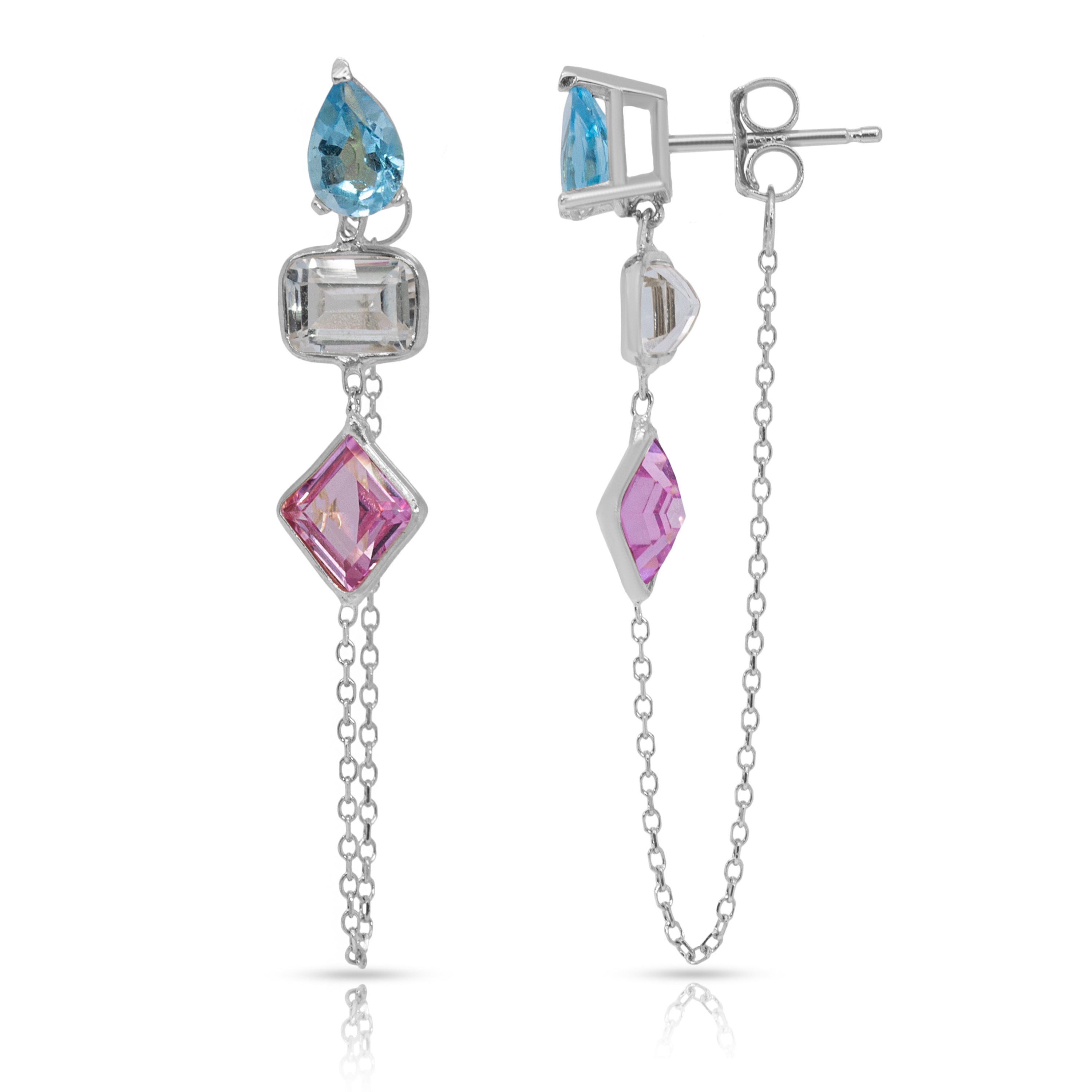 14K White Gold Drop, Emerald And Princess Cut Blue Topaz, White And Pink Gemstones Chain Studs