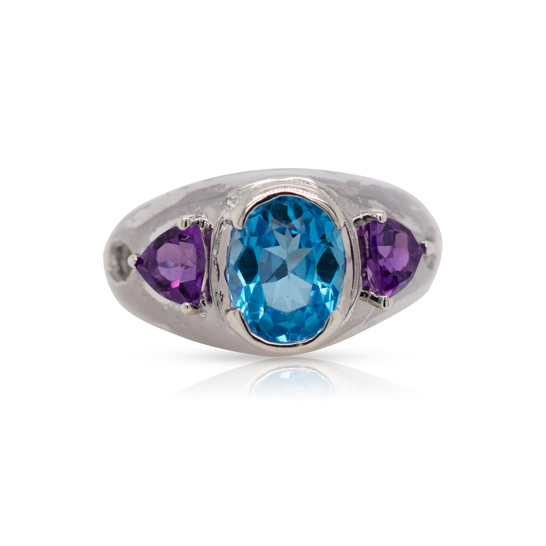 925 Sterling Silver Blue Topaz and Amethyst Gemstones Ring