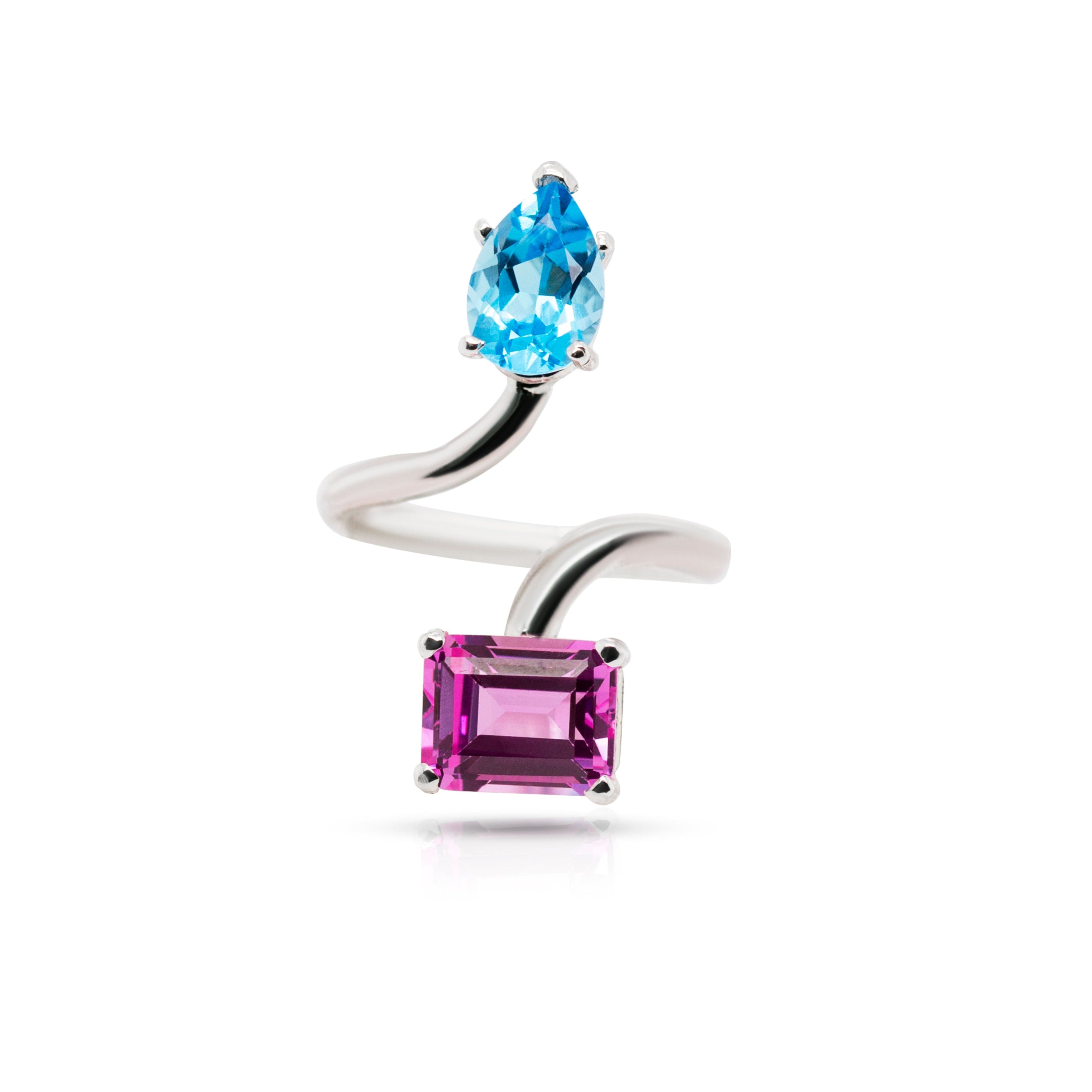 925 Sterling Silver Blue Topaz and Pink Gemstones Twisted Ring