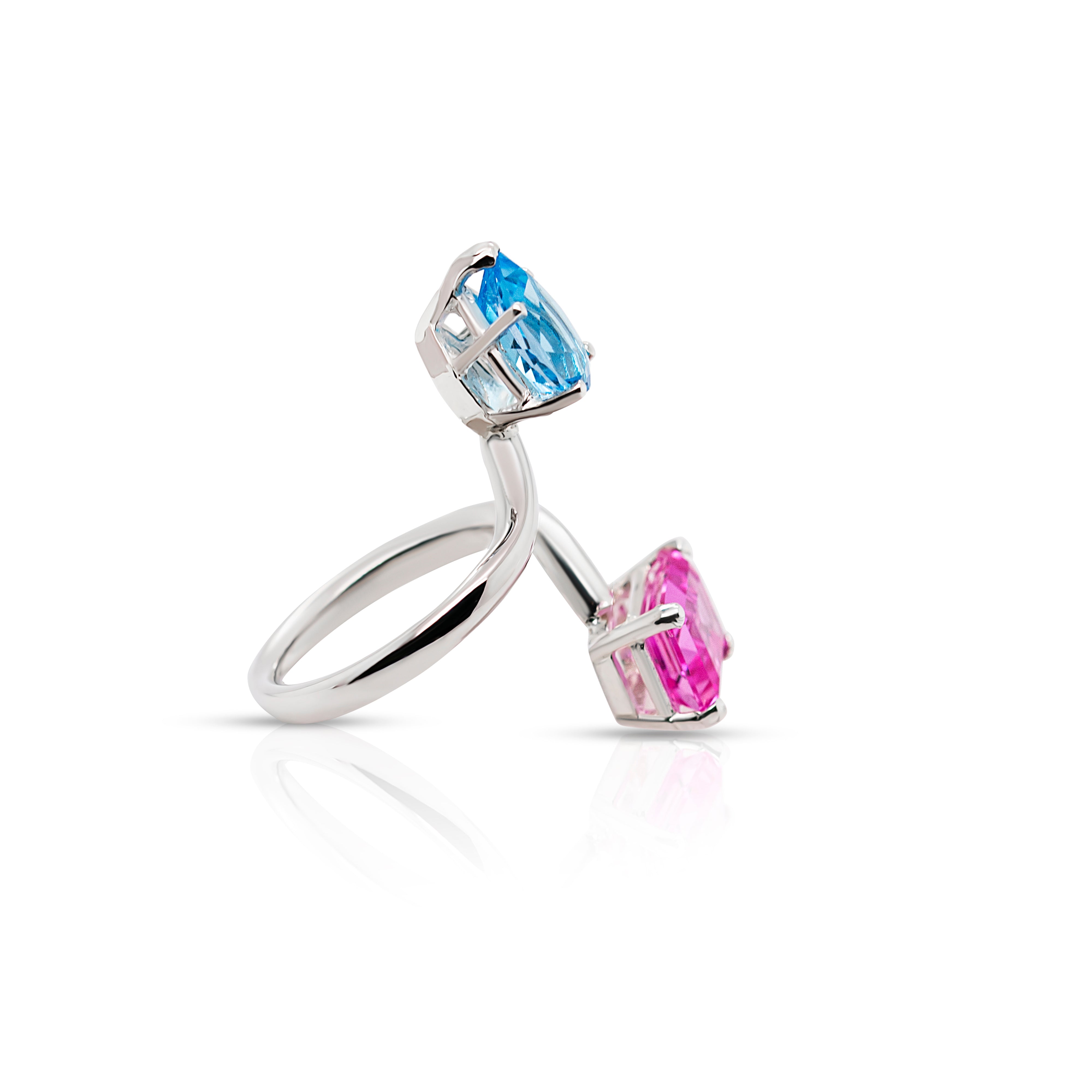 925 Sterling Silver Blue Topaz and Pink Gemstones Twisted Ring