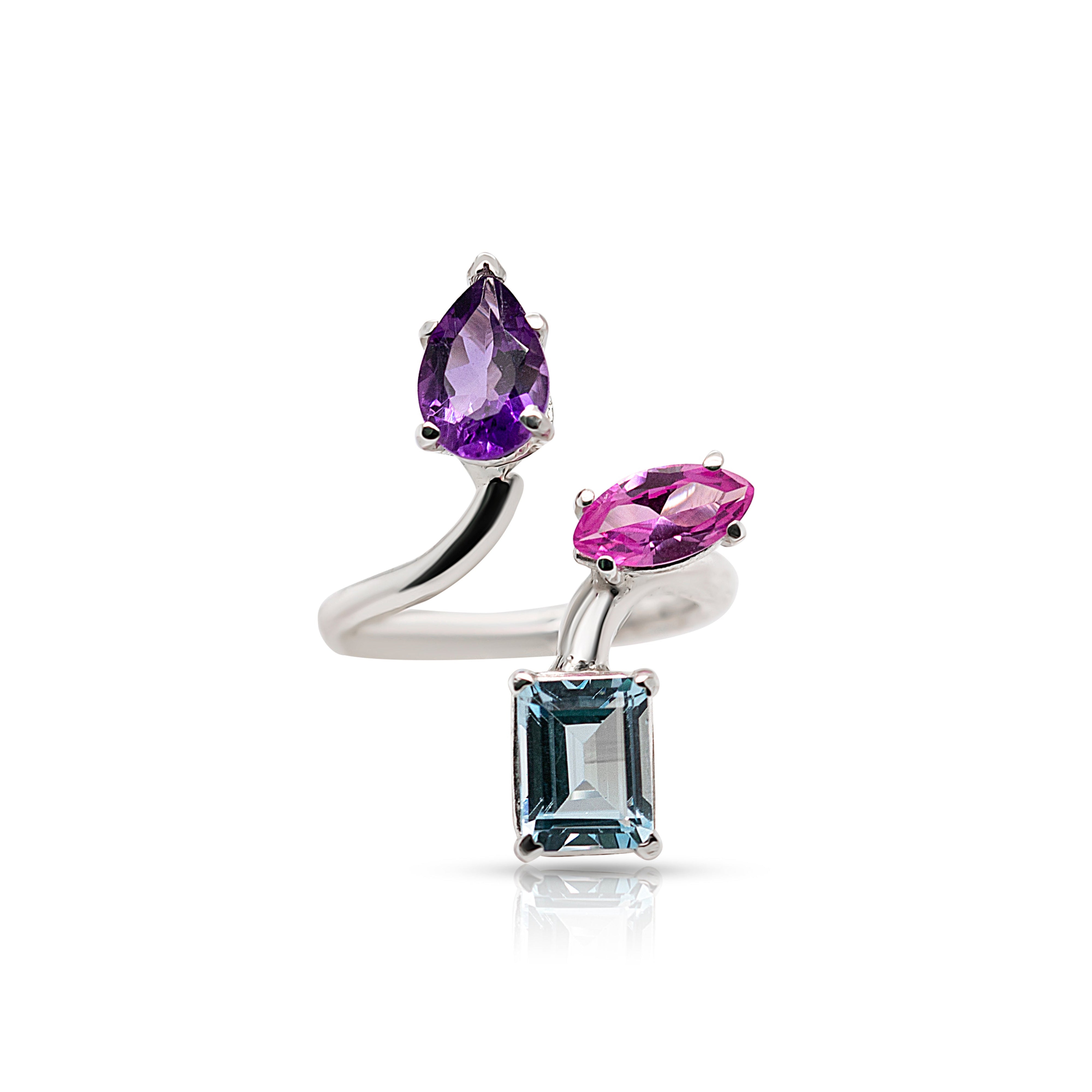 925 Sterling Silver Amethyst, Pink and Blue Topaz, Gemstones Twisted Ring