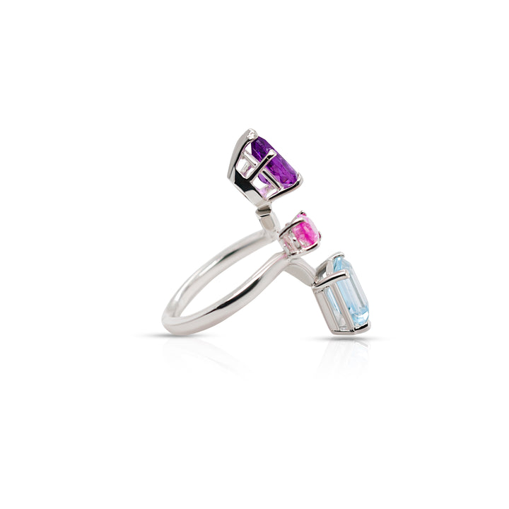 925 Sterling Silver Amethyst, Pink and Blue Topaz, Gemstones Twisted Ring
