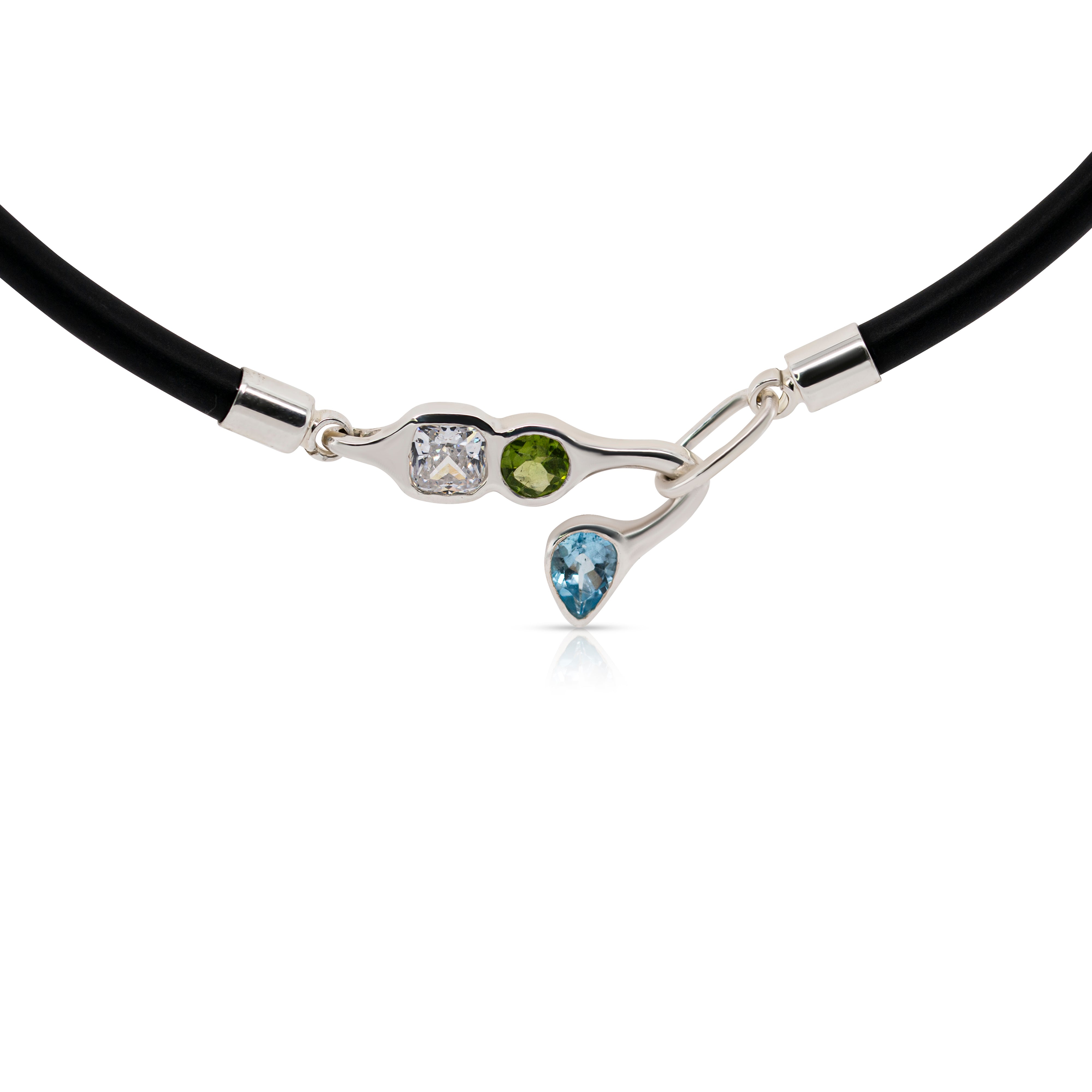 925 Sterling Silver White, Peridot and Blue Topaz Black Chocker