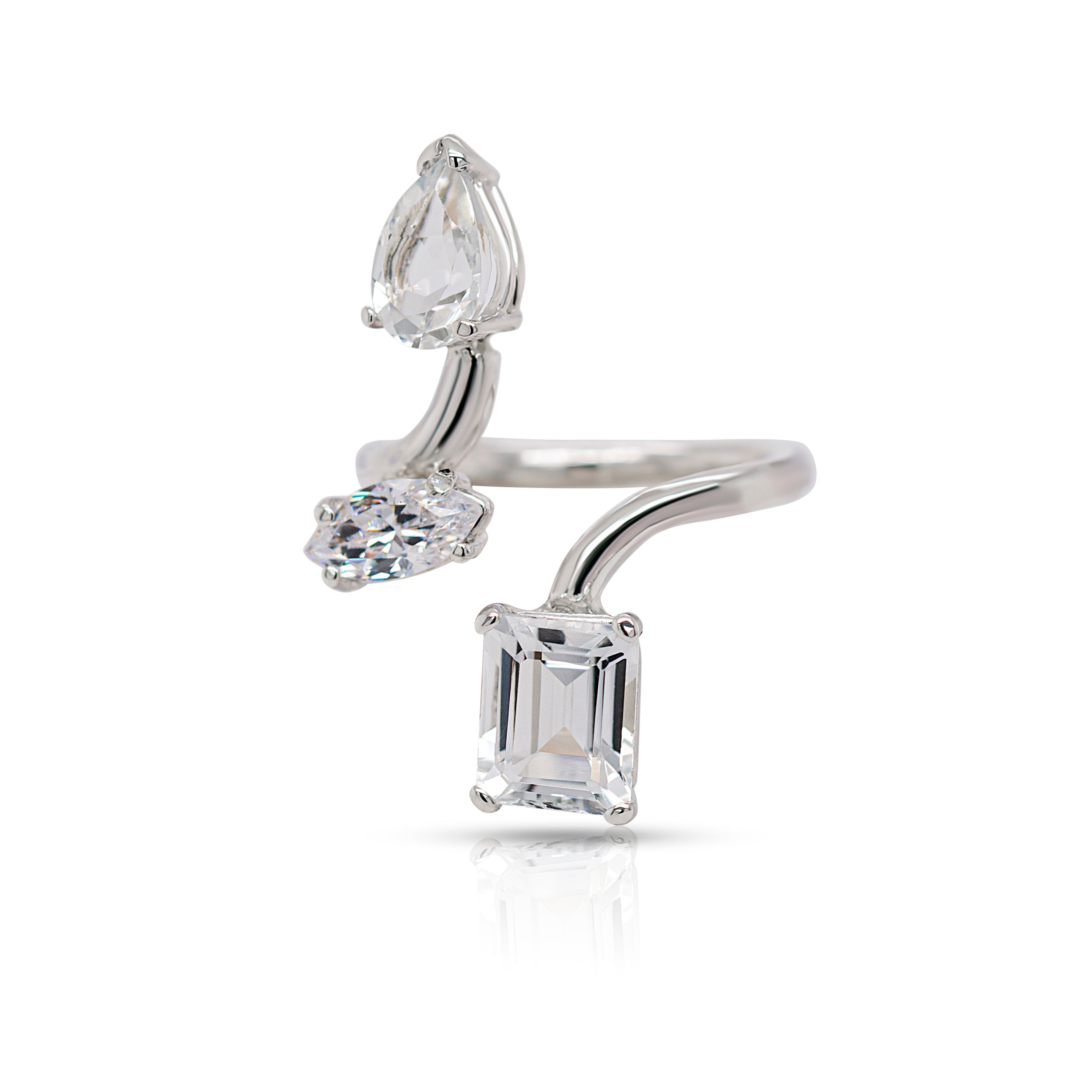 925 Sterling Silver White Topaz Triple Gemstones Twisted Ring