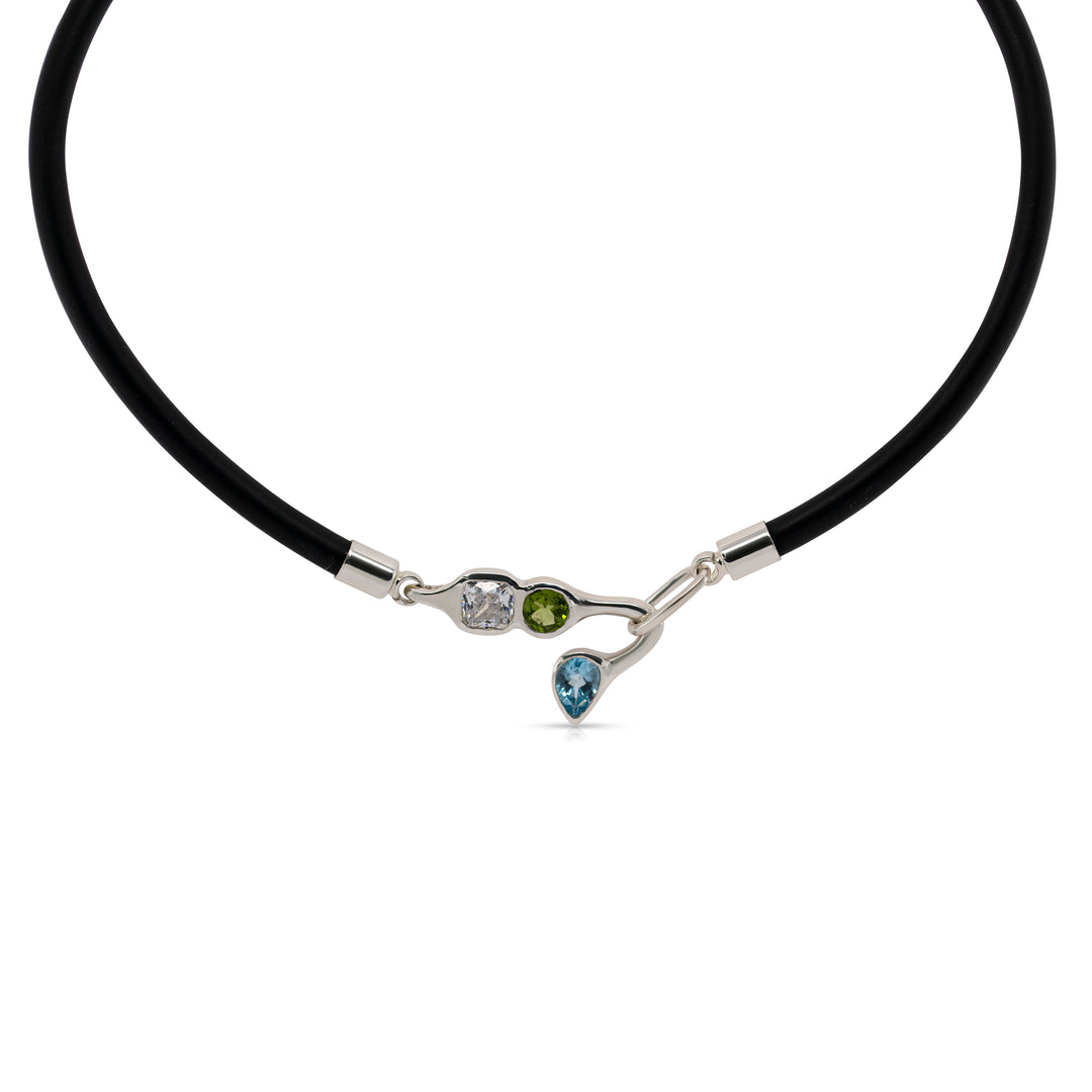925 Sterling Silver White, Peridot and Blue Topaz Black Chocker